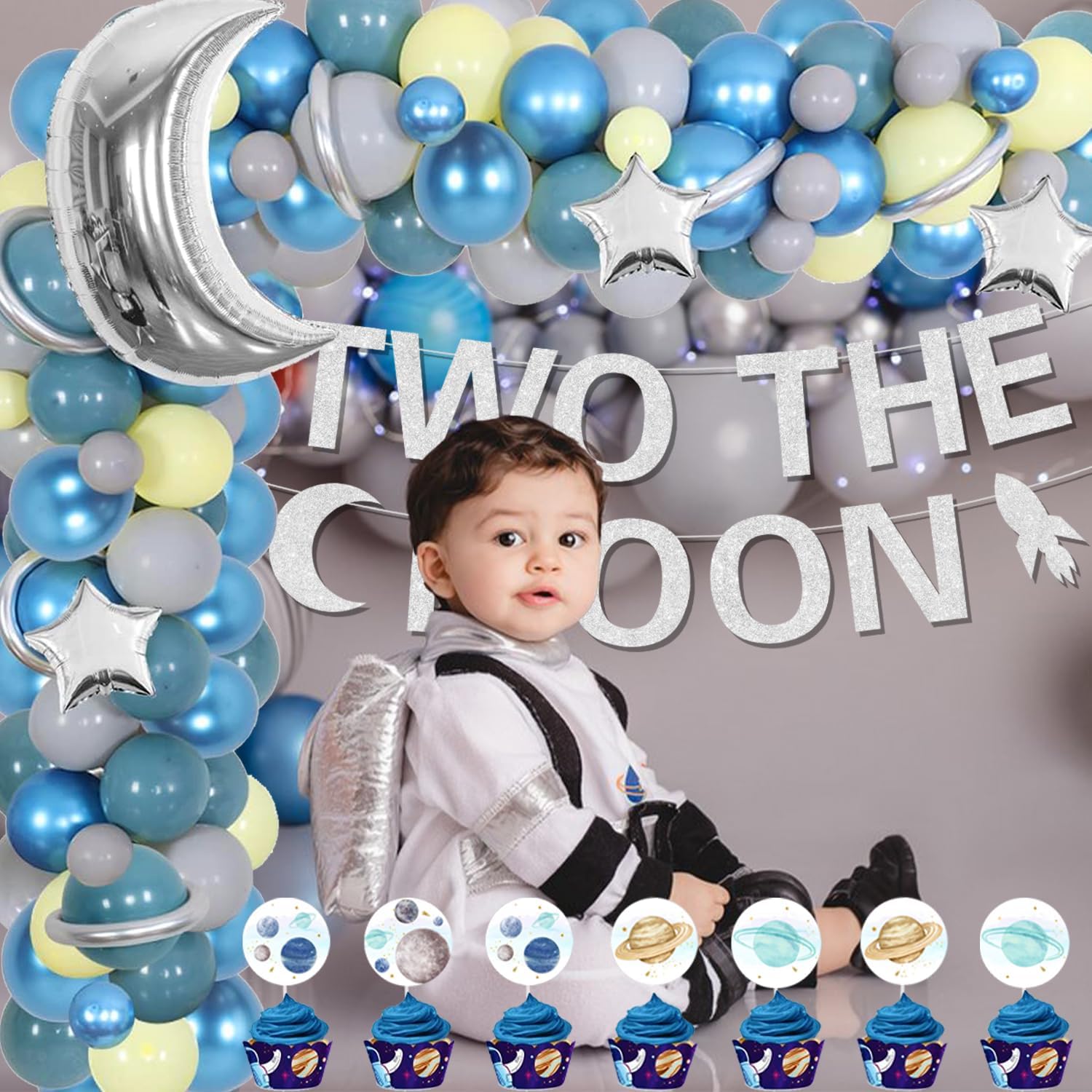94 decoraciones de fiesta de segundo cumpleaños con temática espacial con dos carteles de la luna, globos de aluminio de luna plateada y estrellas,
