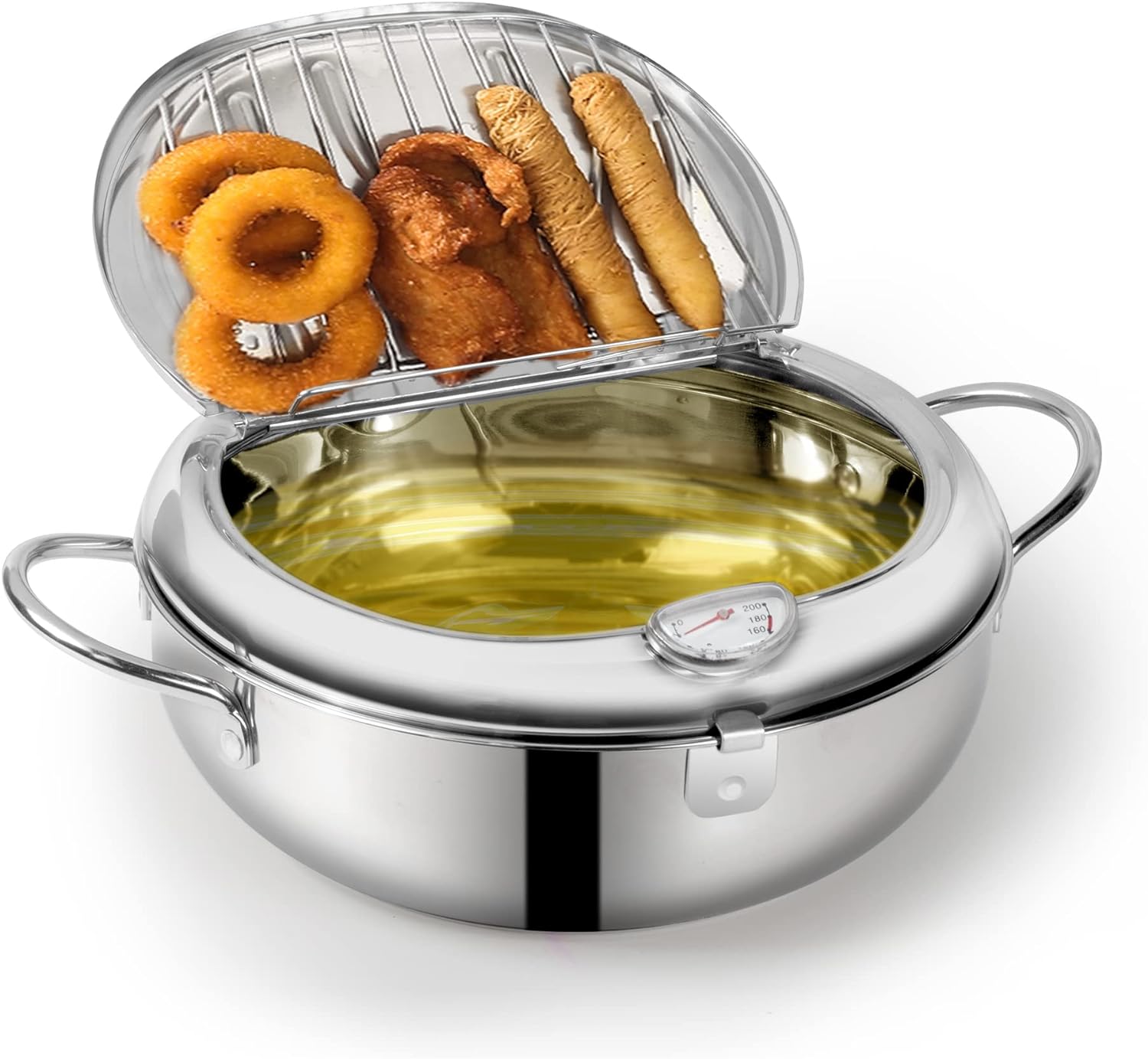 Olla japonesa de acero inoxidable 304 de 2.2 litros, estilo Janpanese Tempura con tapa, con control de temperatura, escurridor de aceite o pollo