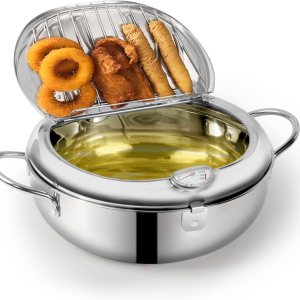 Olla japonesa de acero inoxidable 304 de 2.2 litros, estilo Janpanese Tempura con tapa, con control de temperatura, escurridor de aceite o pollo Olla japonesa de acero inoxidable 304 de 2.2 litros, estilo Janpanese Tempura con tapa, con control de temperatura, escurridor de aceite o pollo