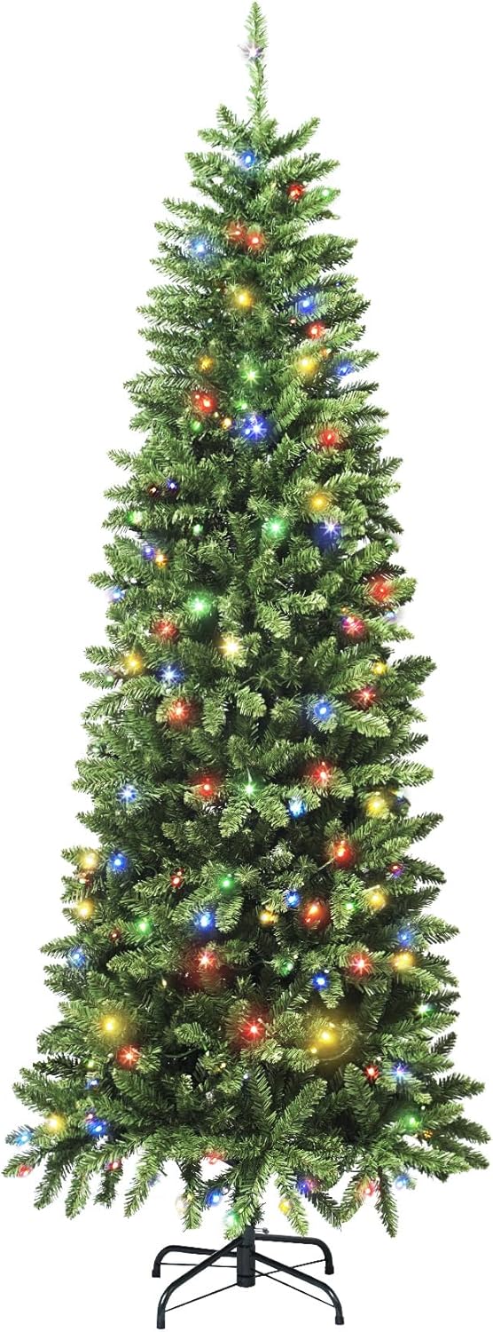 Árbol de Navidad artificial preiluminado con soporte, luces multicolores, decorado para fiestas de vacaciones en el hogar, 5 pies