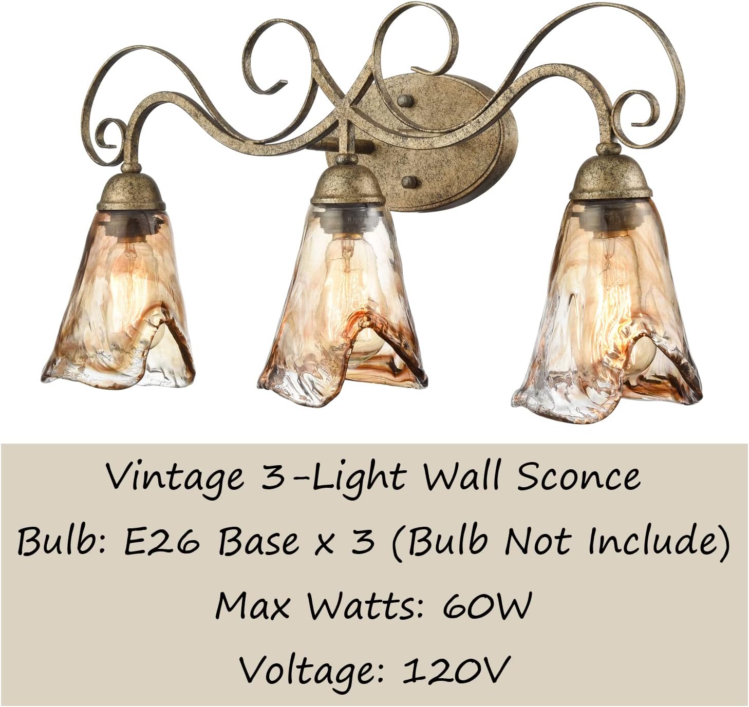 DANSEER Lámpara de tocador vintage rústica para baño, aplique de pared de 3 luces con pantalla de vidrio ámbar