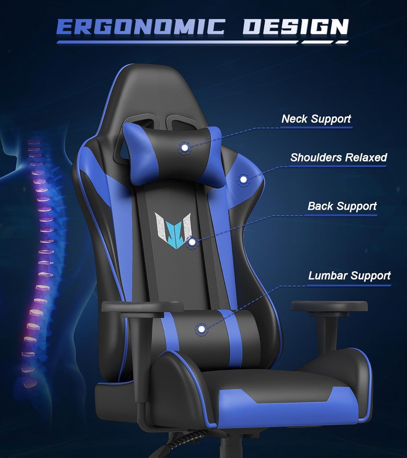 Bigzzia Silla de oficina ergonómica para videojuegos, silla de escritorio giratoria de altura ajustable, silla de computadora reclinable con soporte
