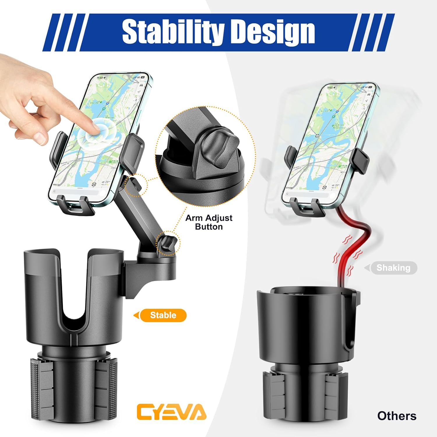 Soporte de teléfono para automóvil, expansor de portavasos 2 en 1 para automóvil con rotación de 360 soporte de teléfono celular de brazo largo para