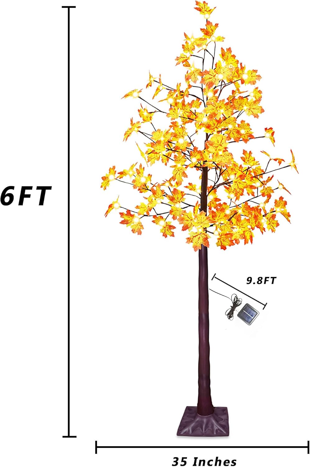 Árbol de arce artificial solar de 6 pies con 120 luces LED blancas cálidas preiluminadas, decoración de árbol de otoño con modos de iluminación