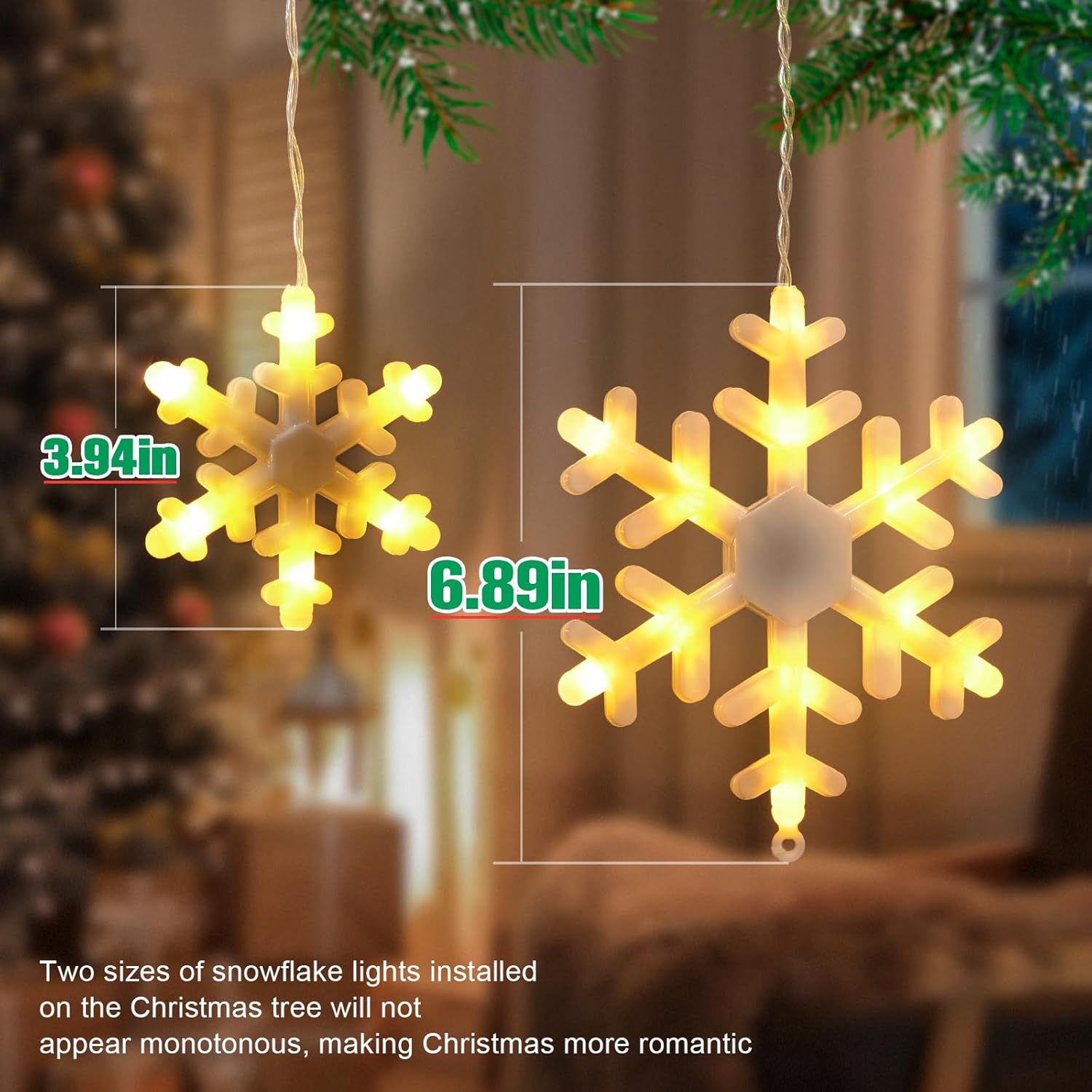 JOFIOS Luces de copo de nieve de Navidad, 11.48 pies, luces LED de Navidad con 14 gotas, luces de copo de nieve impermeables que emiten iluminación