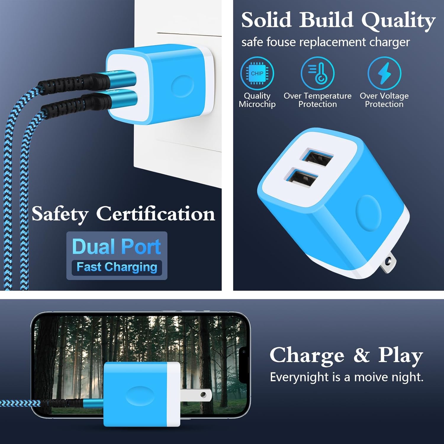Cargador de pared USB, ladrillo cargador, paquete de 2.1 A, adaptador de cargador USB de doble puerto, bloque de carga rápida, caja de cargador para