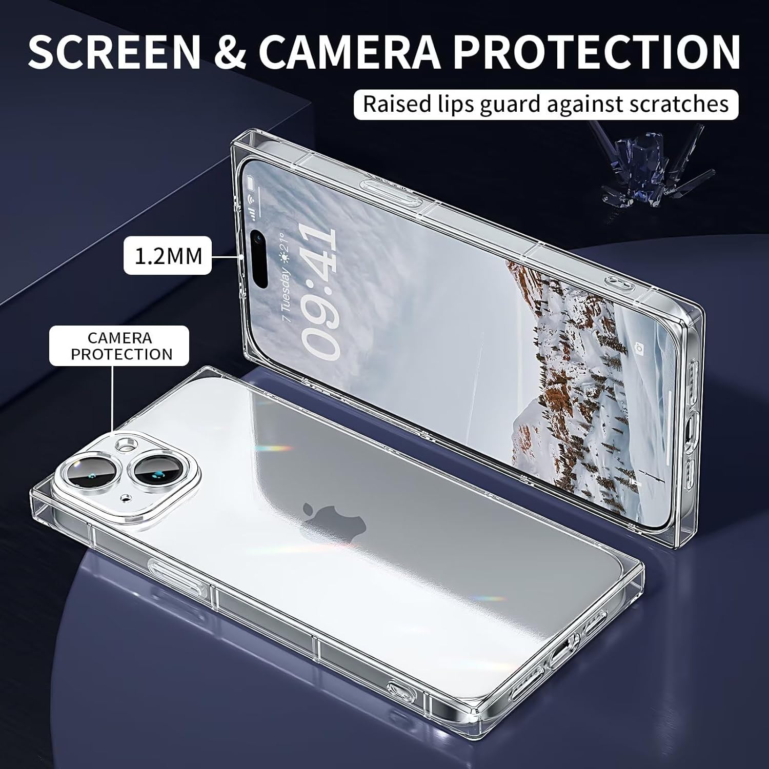 Tzomsze Funda cuadrada compatible con iPhone 15 Plus transparente, protección completa de la cámara y esquinas reforzadas, funda delgada de silicona