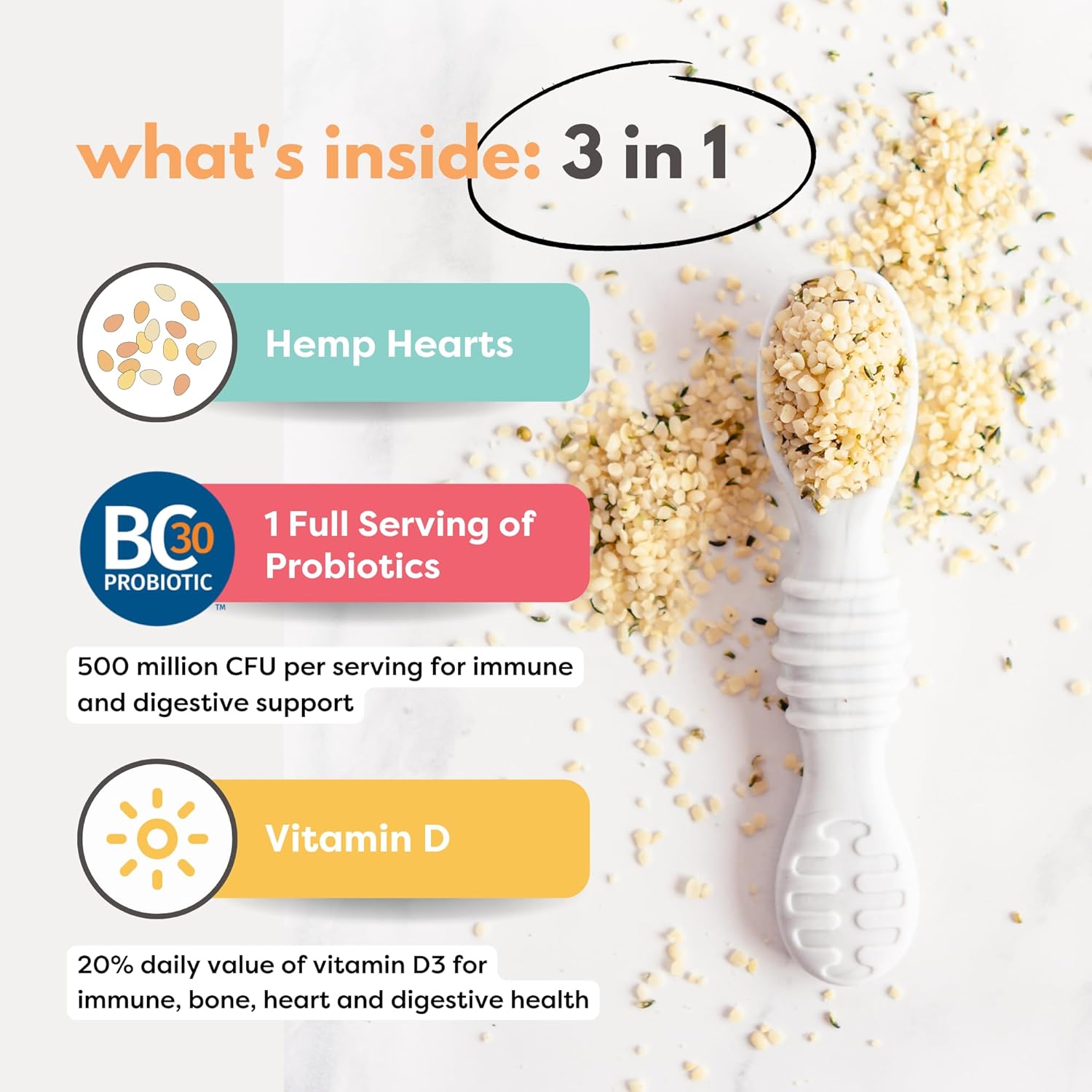Tiny Sprouts Corazones de cáñamo orgánico regenerativo + probiótico de porción completa + vitamina D3 I potenciador de semillas de cáñamo para bebés
