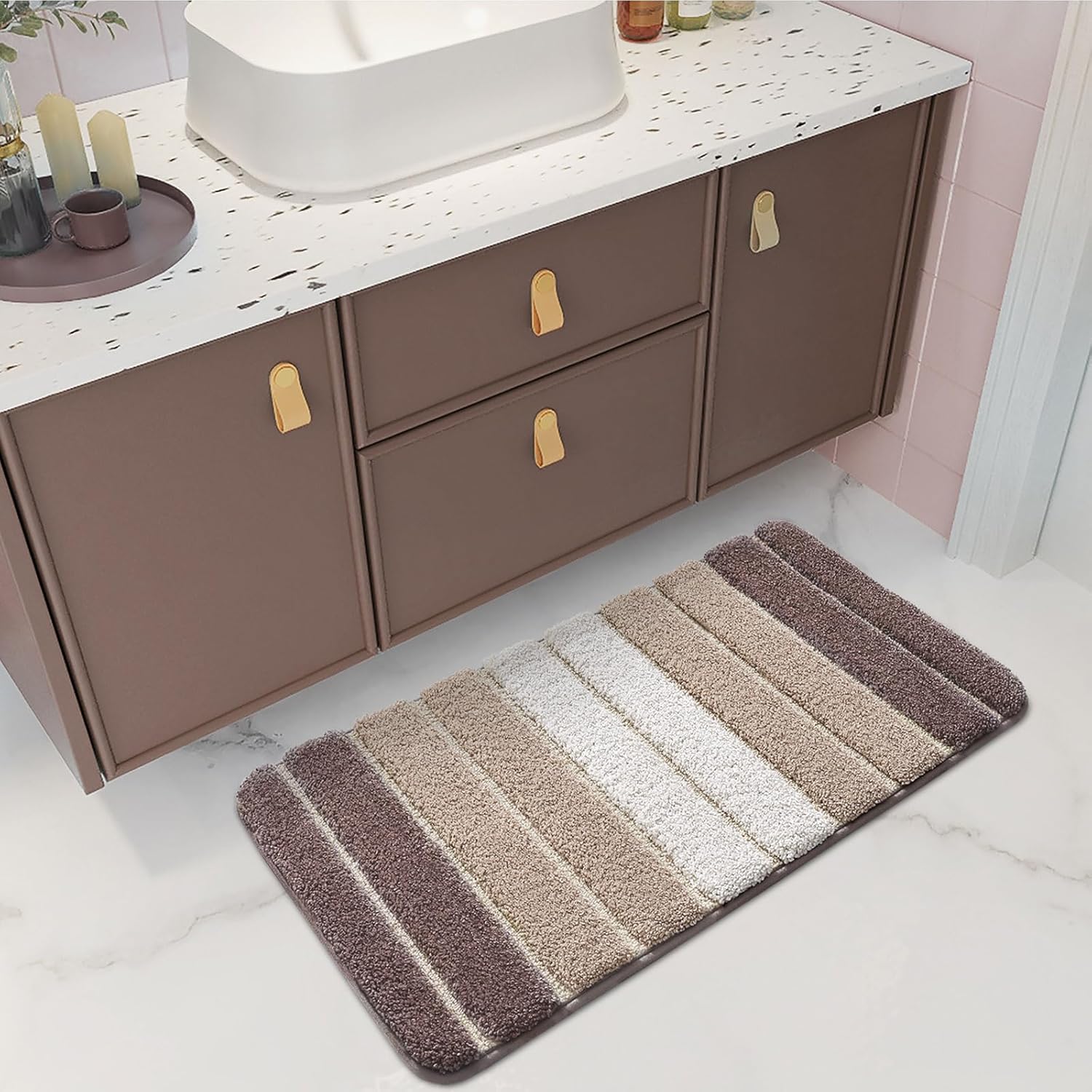 DEXI Alfombra de baño absorbente, antideslizante, lavable, alfombra pequeña de 16 x 24 pulgadas, marrón claro