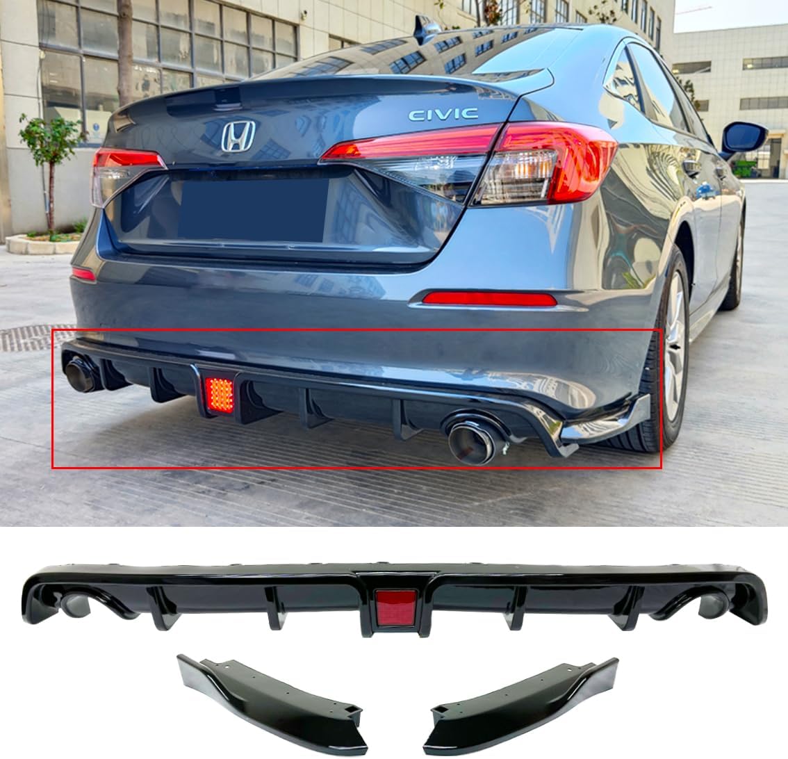 Compatible con difusor trasero de aleta de tiburón negro brillante Honda Civic Sedan 2022-2024 con luz de freno LED y divisores laterales