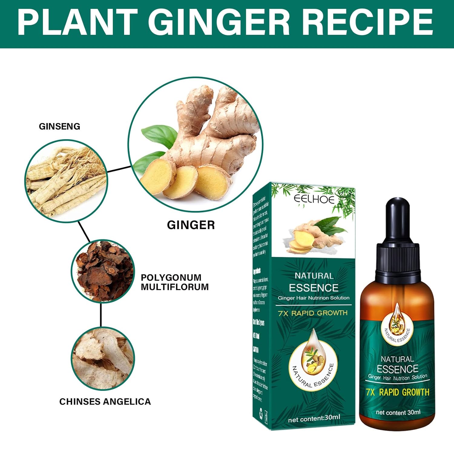 Natural Essence – Solución nutricional para el cabello de jengibre, suero de crecimiento del cabello líquido para pérdida de cabello con esencia de
