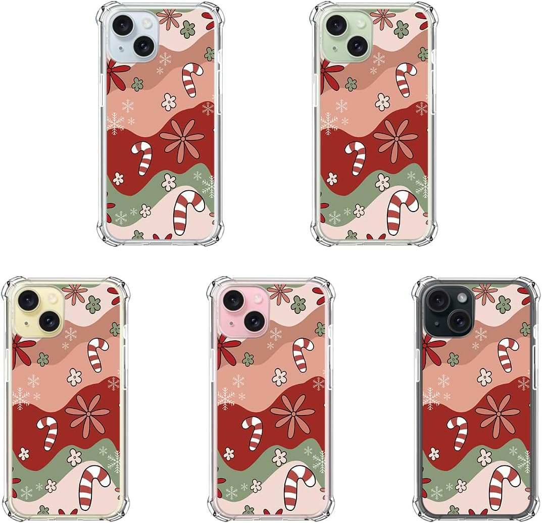 COBATREE Funda de Navidad para iPhone 15, funda transparente de copo de nieve con muletas de Navidad, a prueba de golpes, funda suave para iPhone 15