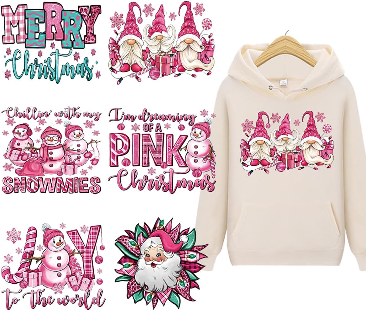 Adhesivos para planchar de Navidad para camisetas, gnomos de Papá Noel, color rosa, parches para planchar, diseño de letras de muñeco de nieve,