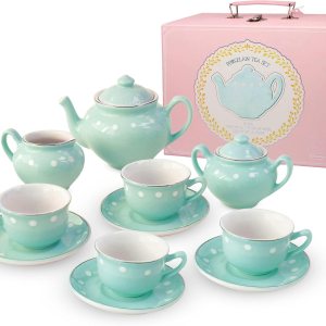 Juego de té de porcelana de 13 piezas para niños pequeños, juguetes de simulación con funda de transporte para diversión de fiesta de té, perfecto Juego de té de porcelana de 13 piezas para niños pequeños, juguetes de simulación con funda de transporte para diversión de fiesta de té, perfecto