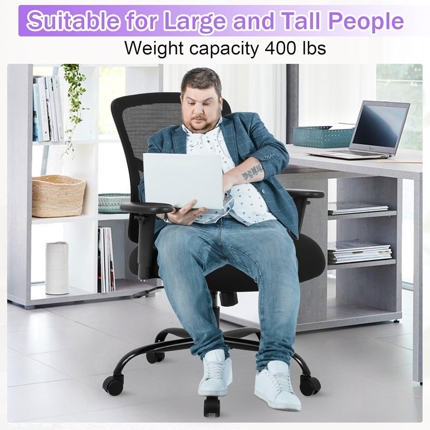 Silla de oficina grande y alta de 400 libras, silla de computadora ancha ergonómica para personas pesadas, silla de escritorio ejecutiva de malla