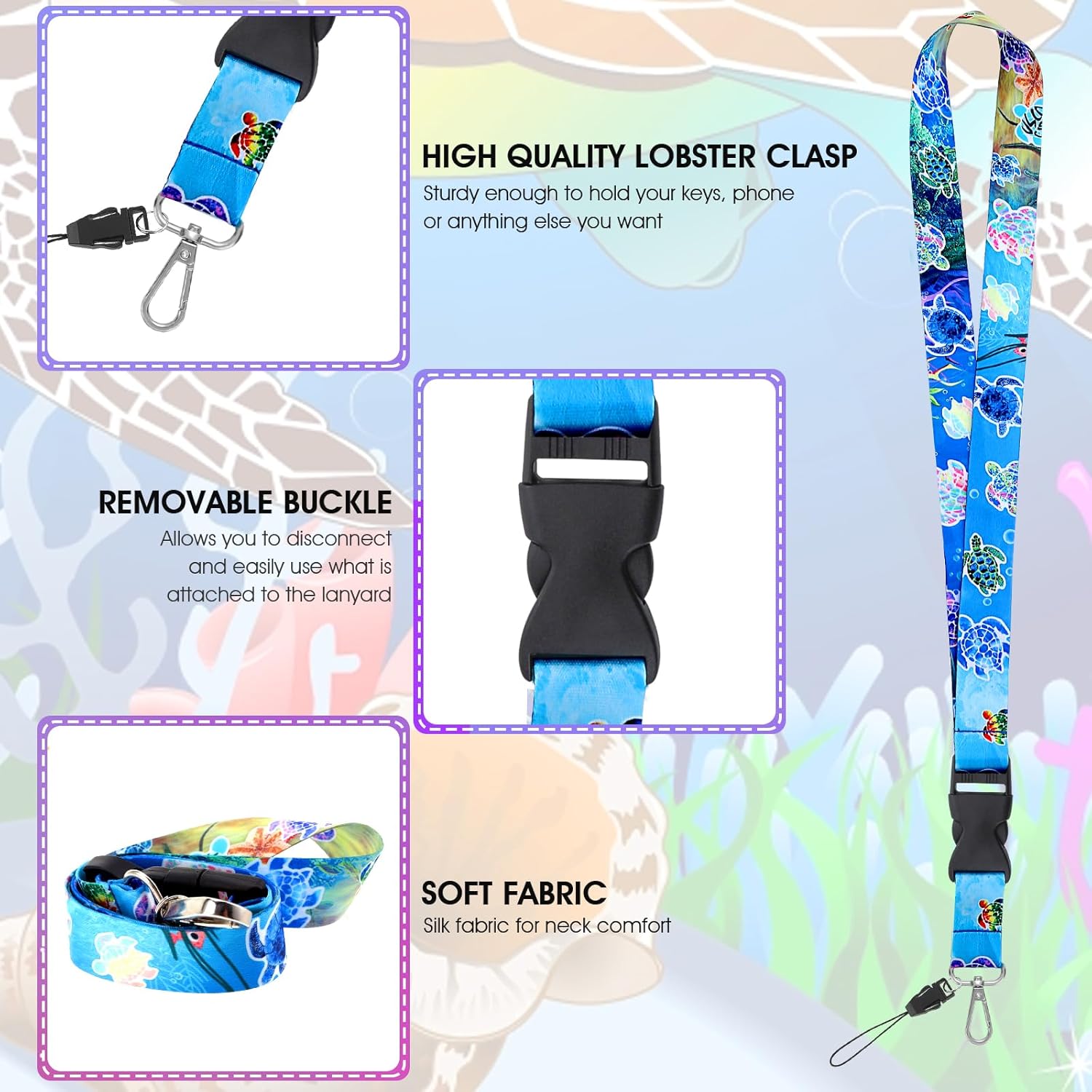 Portatarjetas de identificación de tortuga marina con cordón, clip retráctil para carrete de insignia de vida marina y cordones desmontables con