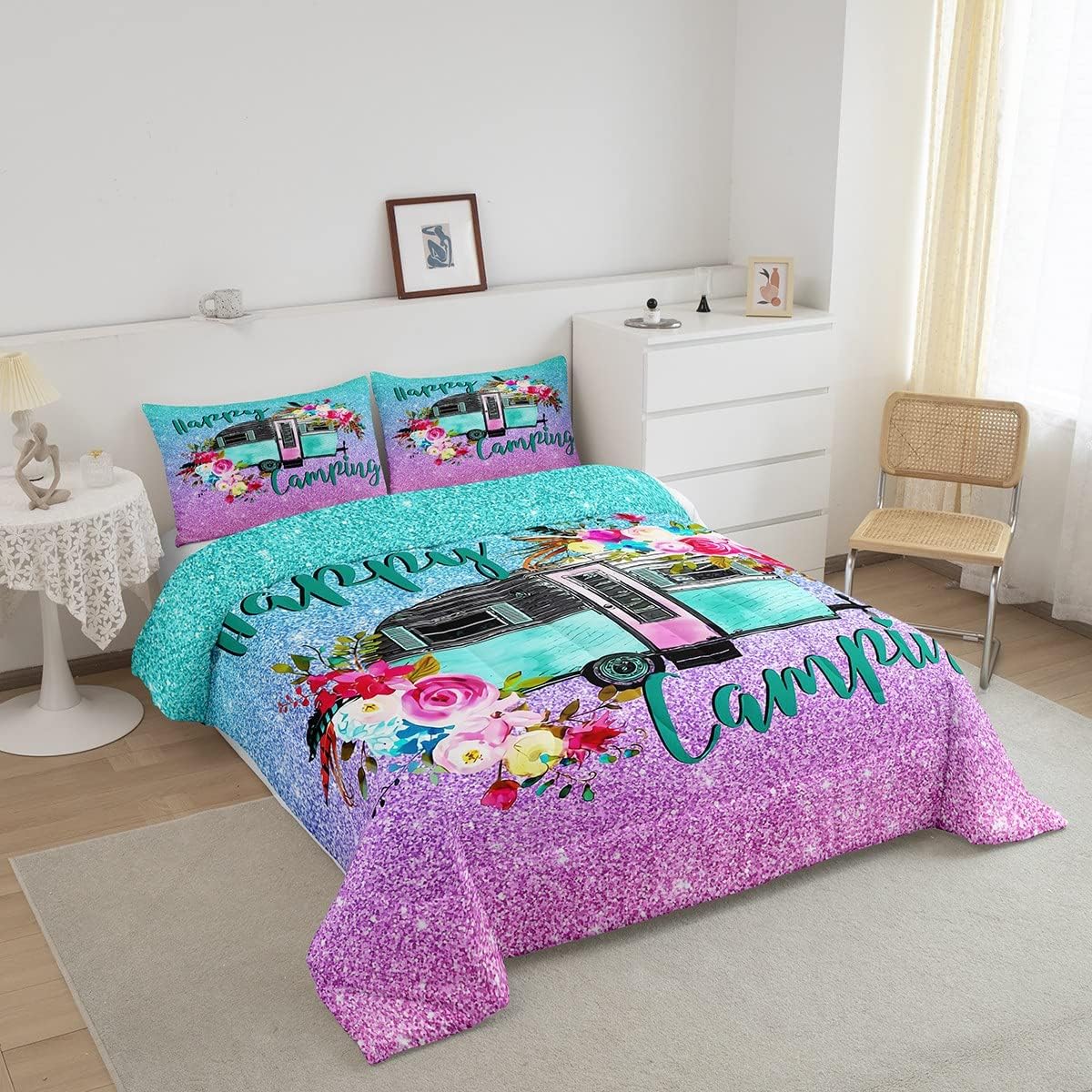 Edredón de cama para niños y niñas, juego de edredón de caricaturas para caravana, diseño de caricaturas, flores y lentejuelas en acuarela para