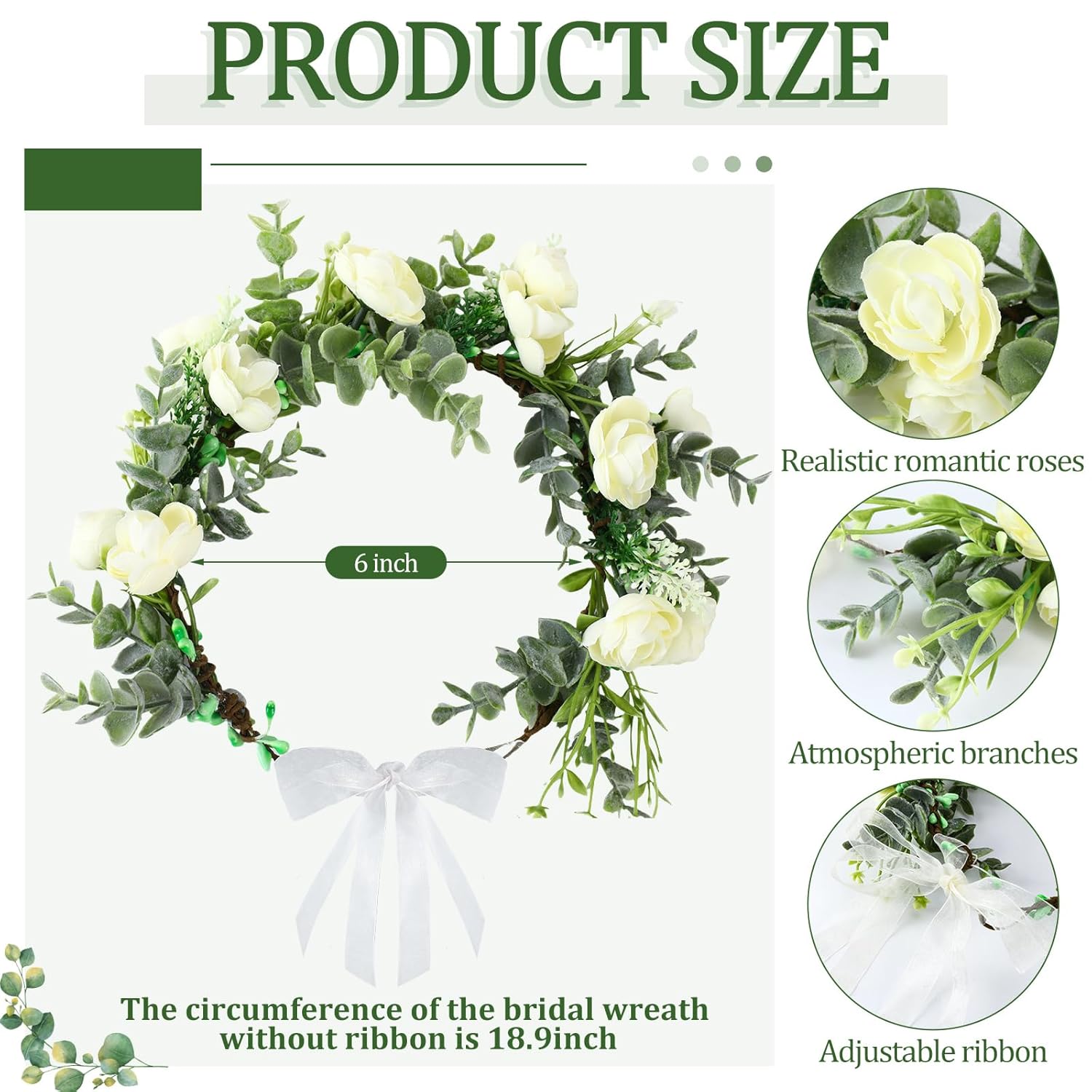5 piezas de corona de hojas verdes florales para mujer, diadema de flores blancas bohemias, diadema ajustable para el cabello, diadema de flores con