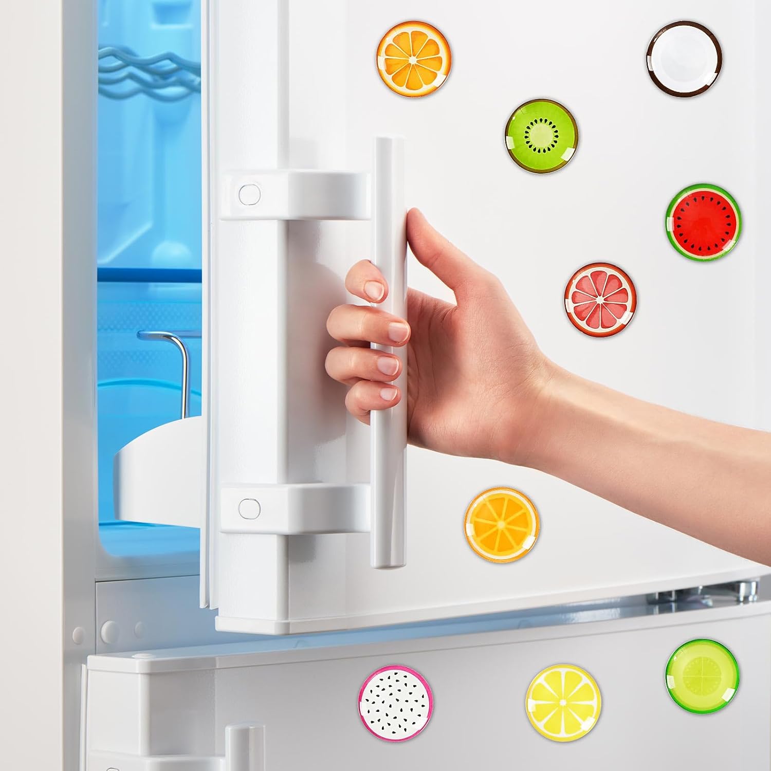 Whaline Imanes redondos para refrigerador de frutas, 18 unidades, imanes de cristal para nevera, coloridos, naranja y limón, calcomanías magnéticas