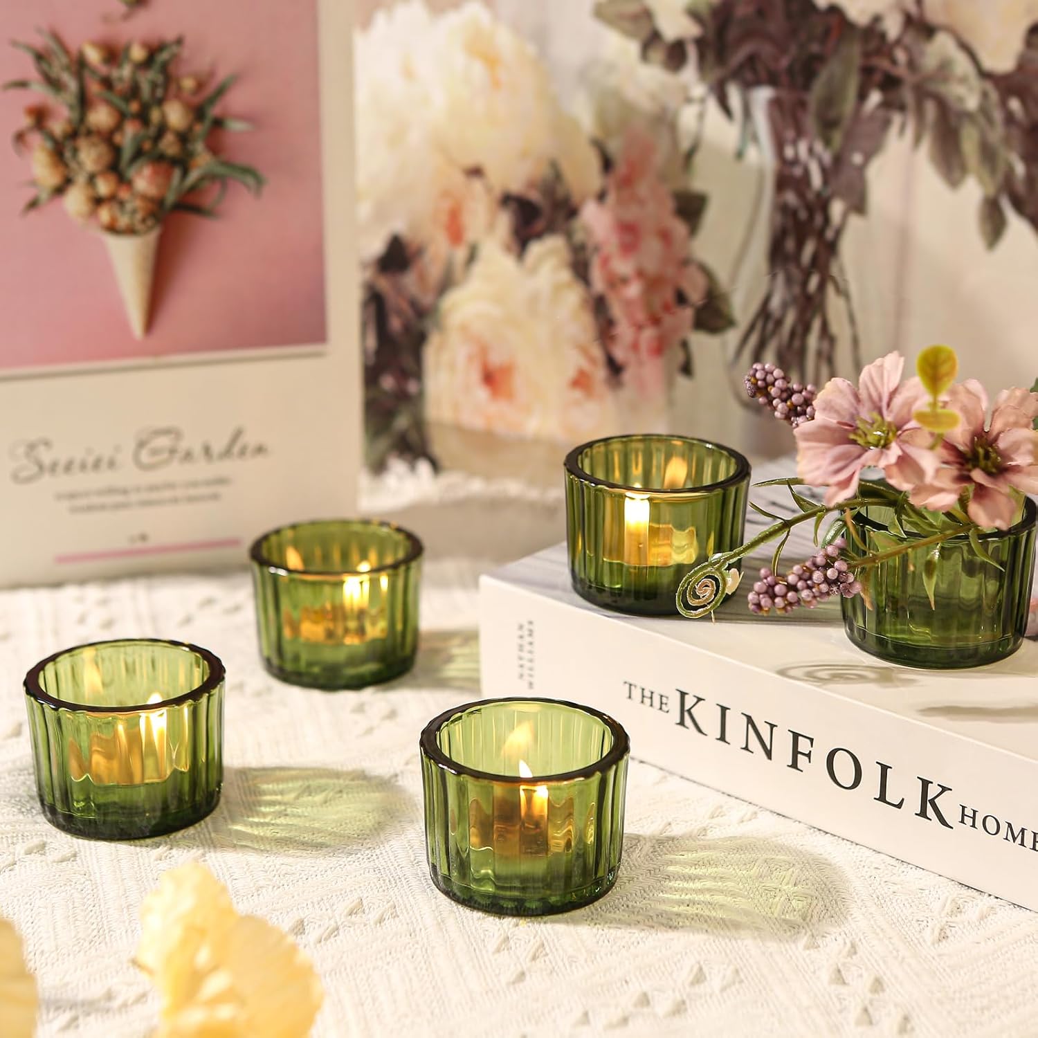 36 portavelas verdes para decoración de bodas, portavelas votivas, relleno de cera de cristal transparente romántico para cumpleaños, portavelas