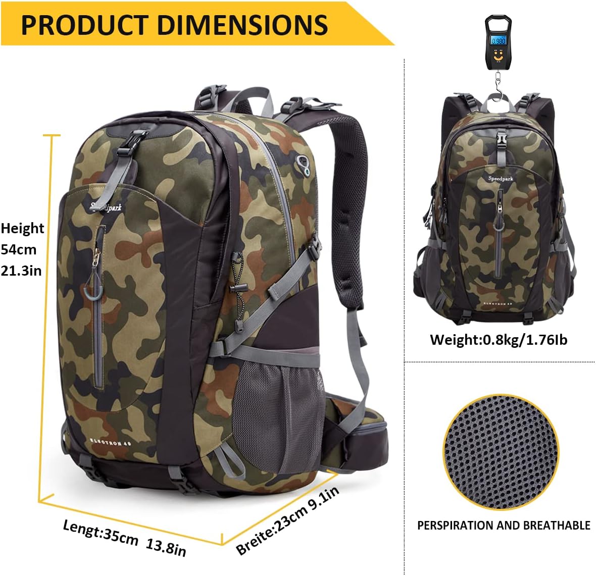 SPEEDPARK Mochila de senderismo impermeable de 40 litros con cubierta para lluvia, mochilas de viaje para senderismo al aire libre para hombres y