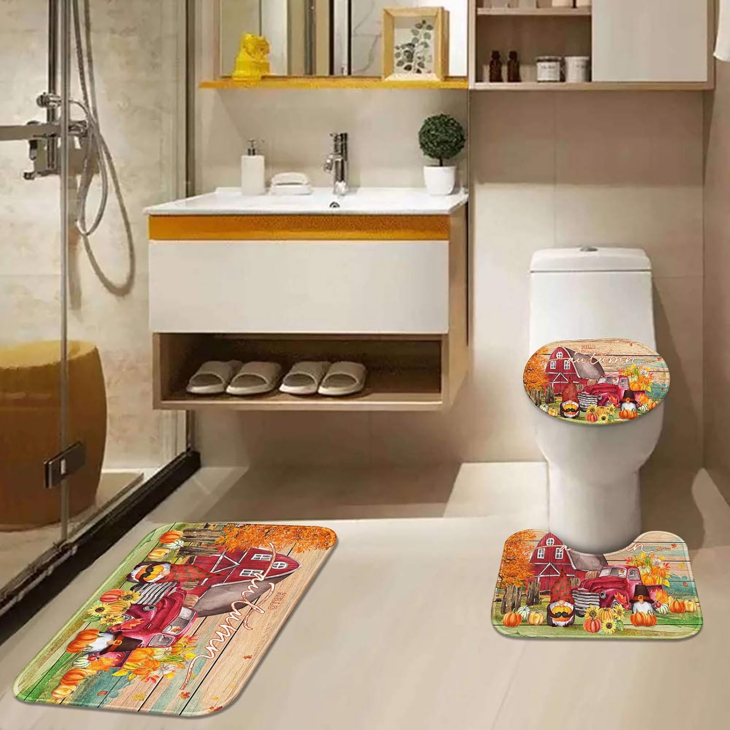 Juego de cortinas de ducha de otoño con tapa de inodoro y alfombras antideslizantes, calabazas de granja, camión, gnomo, cosecha de Acción de