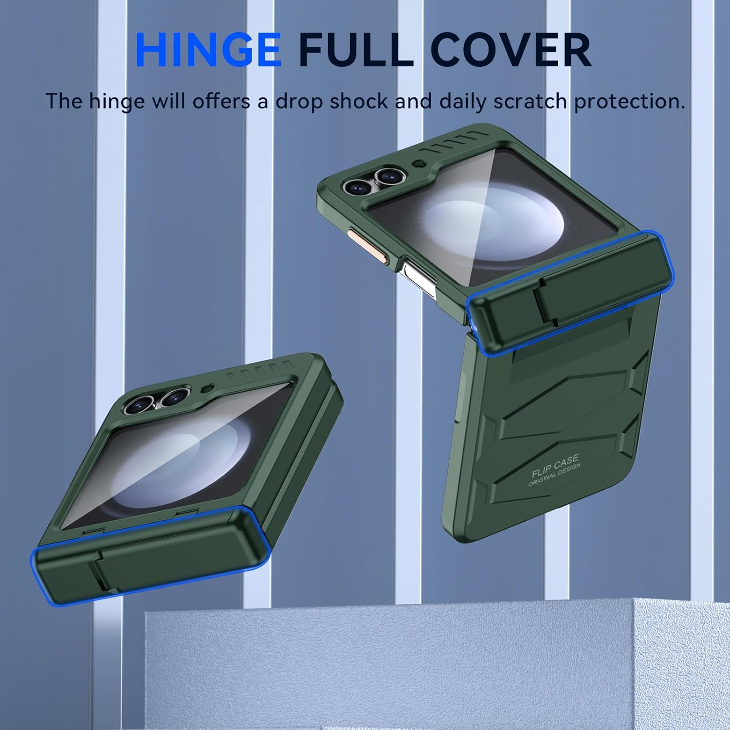 Funda para Samsung Galaxy Z Flip 5 con protección de bisagra y protector de pantalla pequeño integrado y soporte oculto de cuerpo completo,