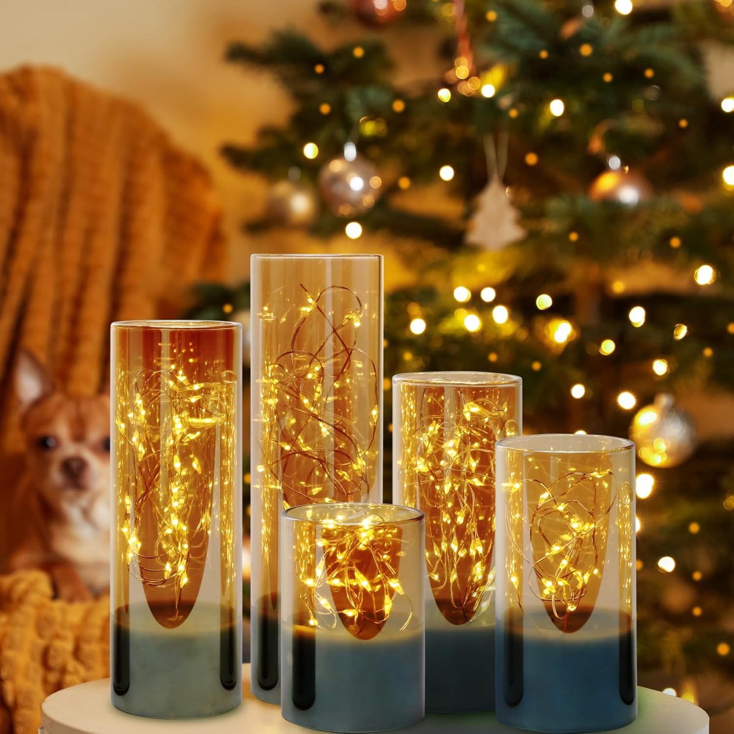 Velas sin llama de cristal dorado con tira de luces remotas, juego de velas LED delgadas parpadeantes con batería de 2 pulgadas de alto, 3 pulgadas,