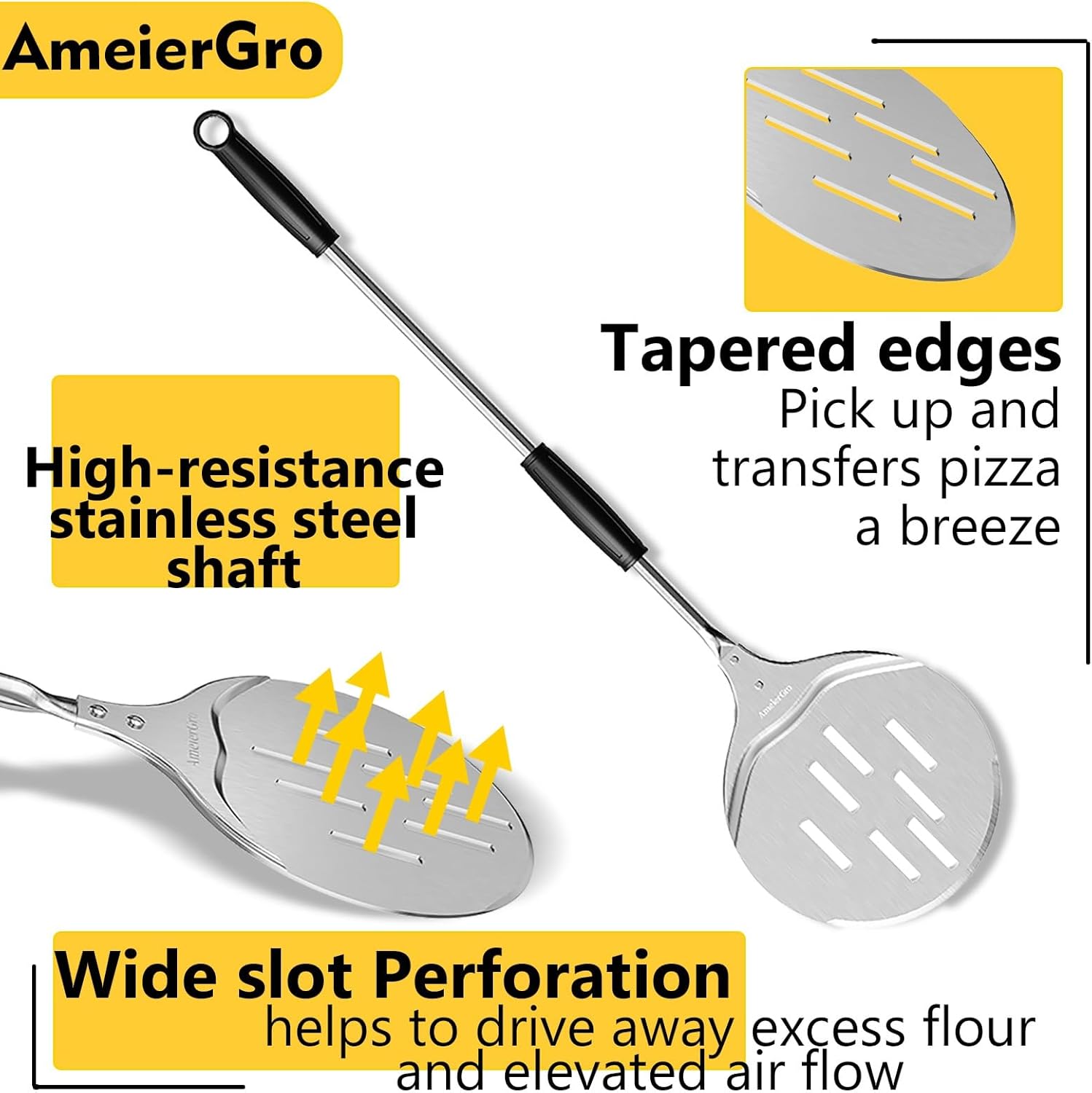 AmeierGro Pala giratoria y giradora de pizza de 9 pulgadas, accesorios para horno de pizza, cucharas giratorias de pizza Pala con mango extensible