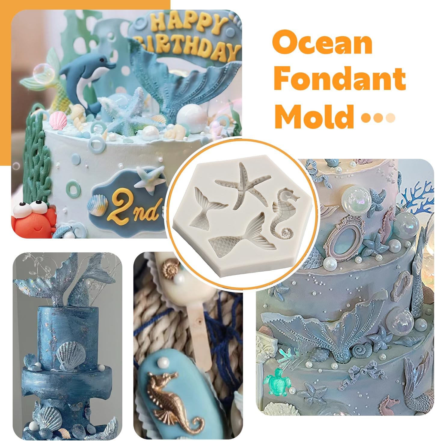 Molde para pastel de fondant con temática marina, sirena, concha, concha, coral, algas marinas, tortugas marinas, delfín, molde de silicona para
