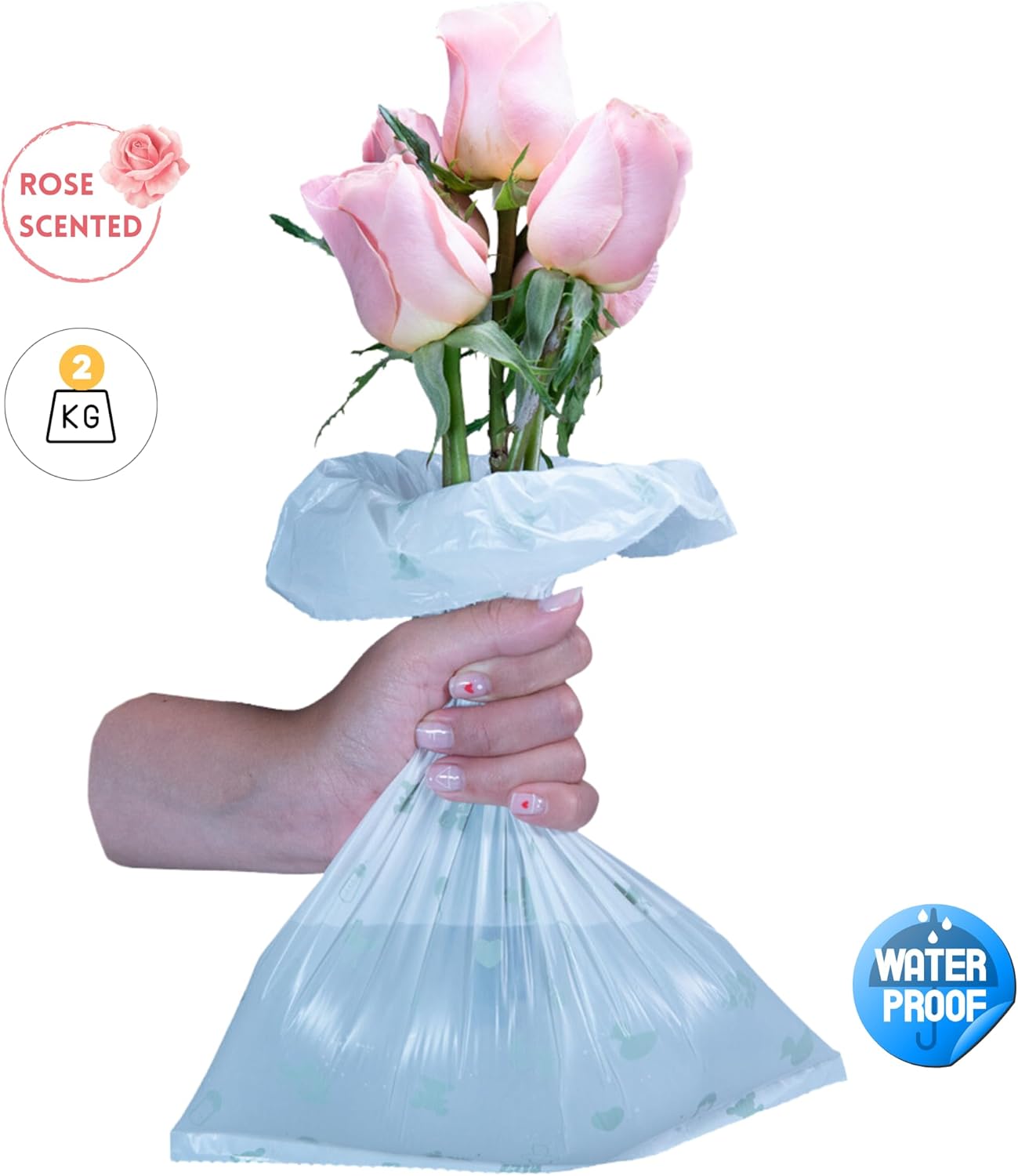 Dispensador de bolsas de pañales portátil rosa, 100 bolsas de pañales perfumadas y compostables con aroma a rosas, bolsas de basura para pañales a