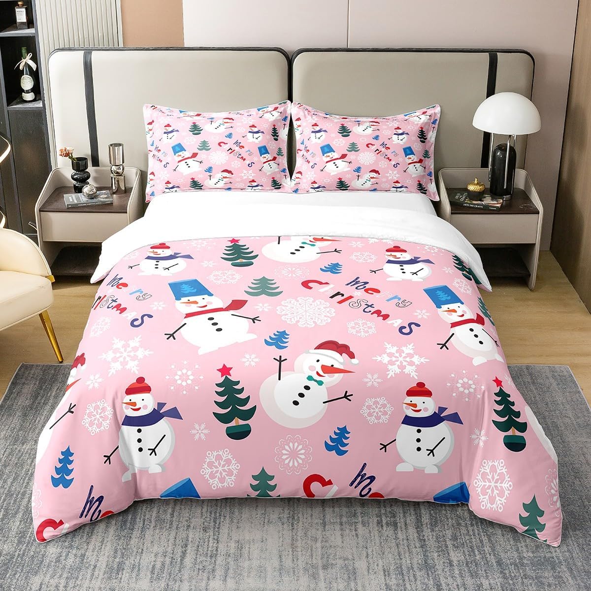 Erosebridal Funda de edredón rosa de Navidad 100% algodón para niños, adolescentes y adultos, juego de ropa de cama de dibujos animados, muñeco de