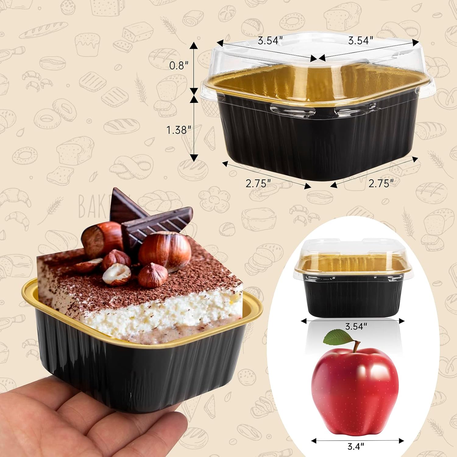 50 piezas de mini tazas cuadradas para hornear con tapas, mini moldes de papel de aluminio de 5 onzas con tapas, moldes desechables para tartas,