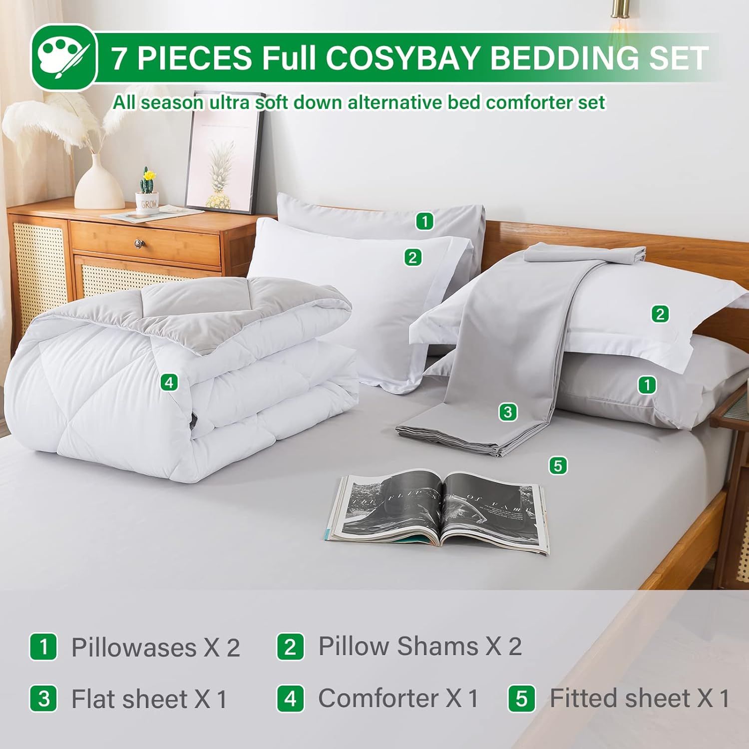 Cosybay Bed in a Bag – Juego de edredón reversible de 7 piezas para todas las estaciones, color blanco y gris claro con edredón, fundas de almohada,