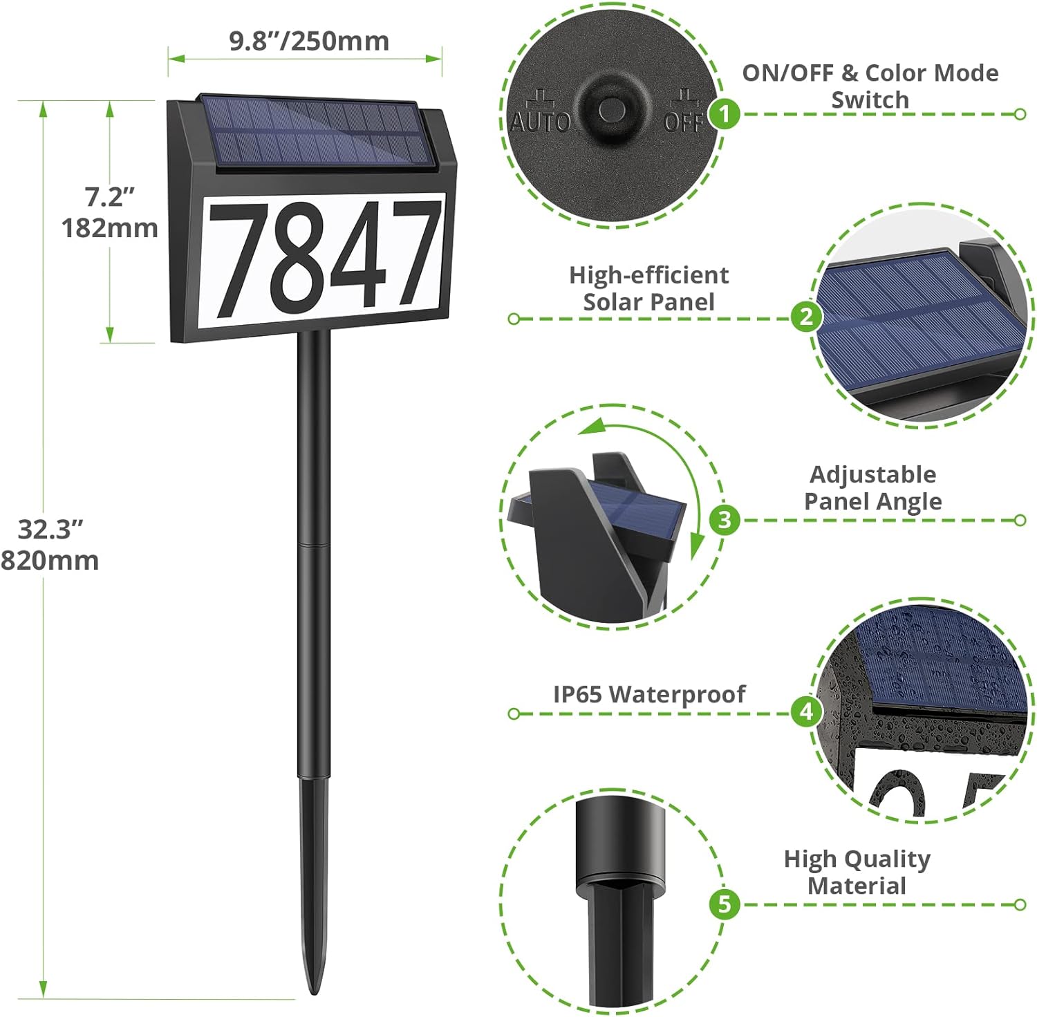 MAXvolador Letrero de dirección solar iluminado, números de casa impermeables, placas de dirección iluminadas con luces LED solares con estacas, 3