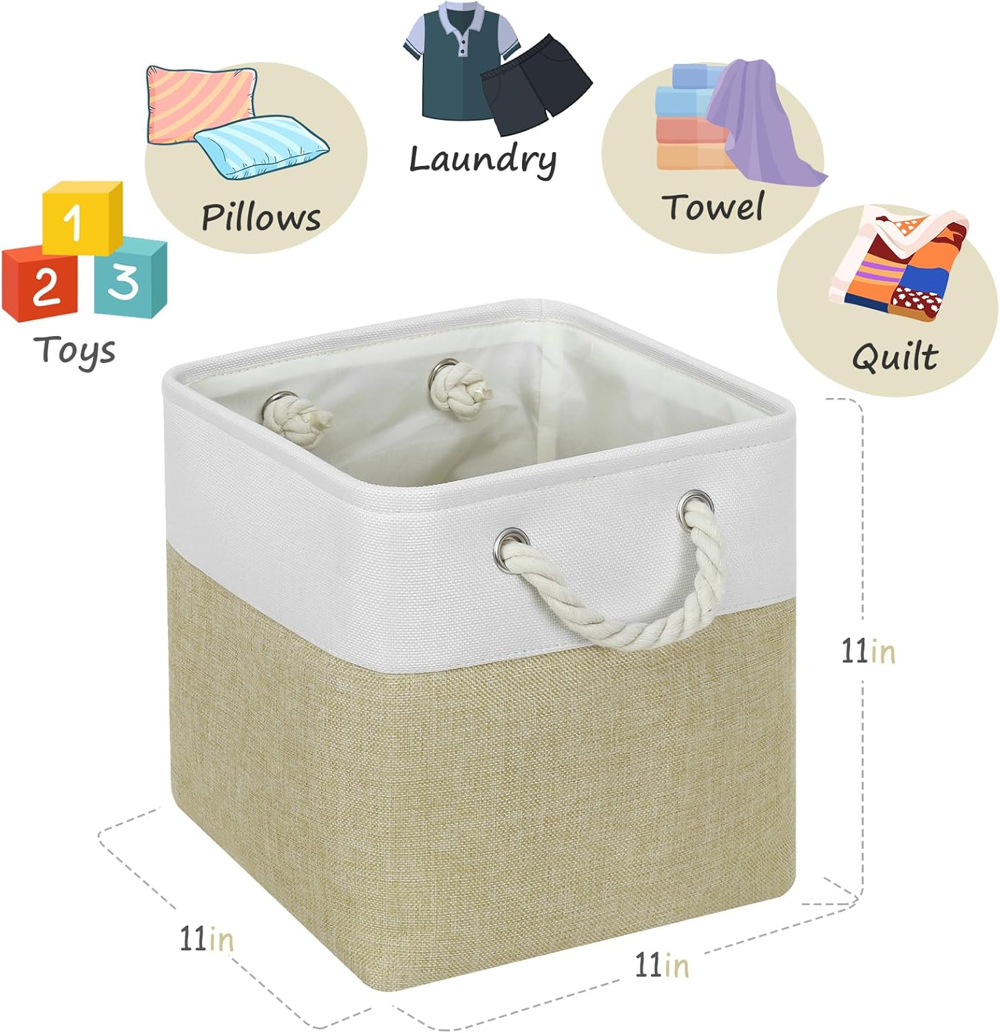 Contenedores grandes de almacenamiento de 11 x 11 pulgadas con asas de algodón para armario, estantes, ropa, juguetes, toallas (blancobeige, paquete
