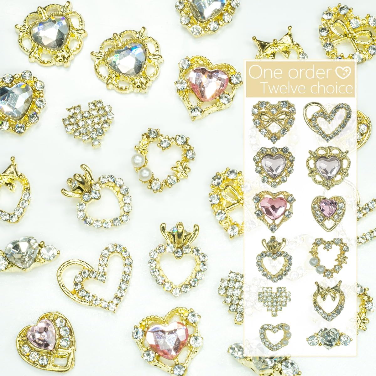 qiipii – 24 dijes de aleación de lujo para uñas, 12 pares de diamantes de imitación dorados 3D para uñas, gemas de cristal doradas, piedras de