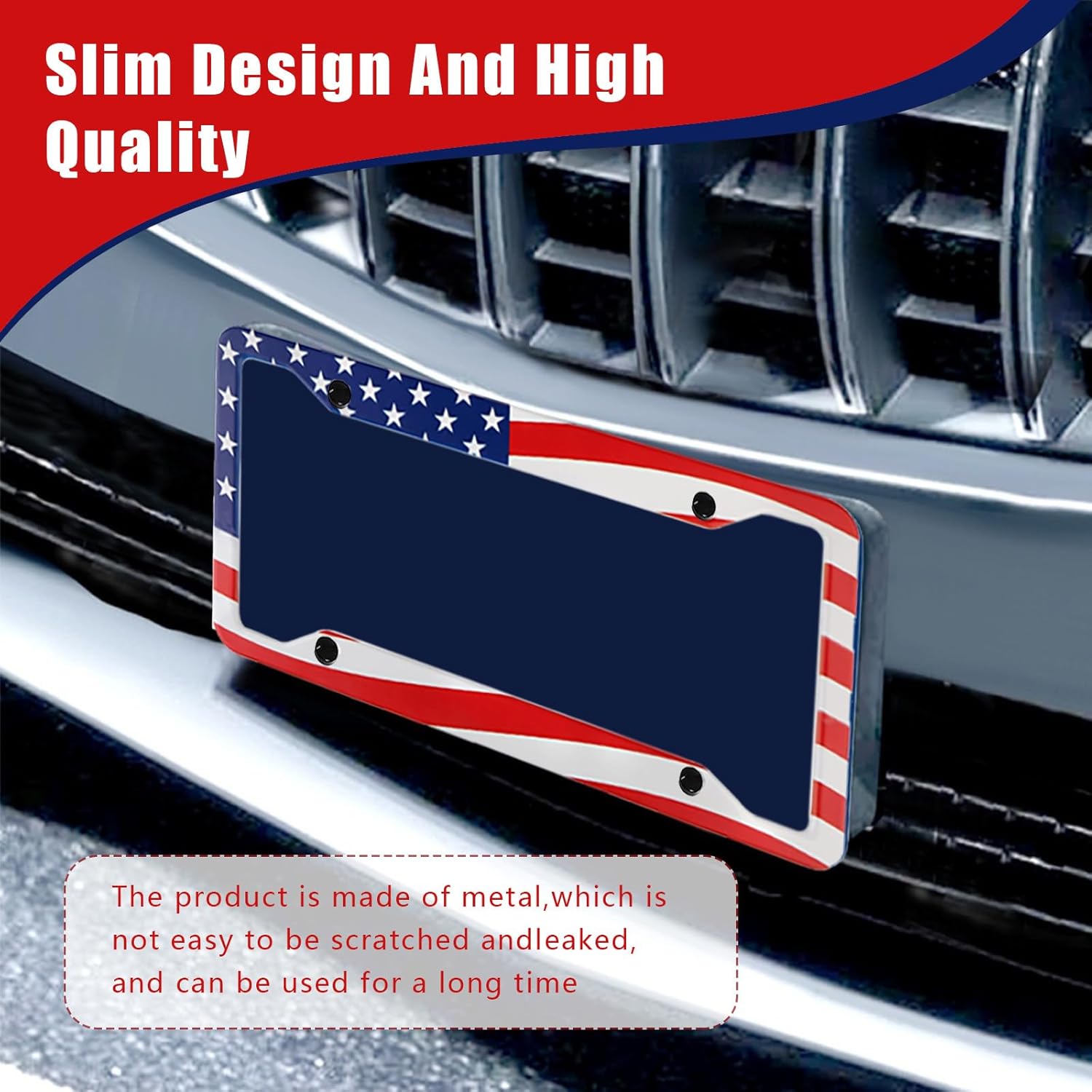 2 marcos de matrícula de automóvil con bandera estadounidense con tornillos, juego de accesorios decorativos de metal con 4 agujeros, cubiertas