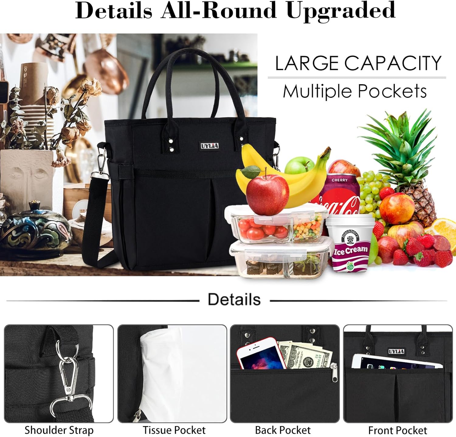 Bolsas de almuerzo para mujer, bolsa de almuerzo aislada con correa ajustable para el hombro, lonchera con soporte para bebidas para adultos y