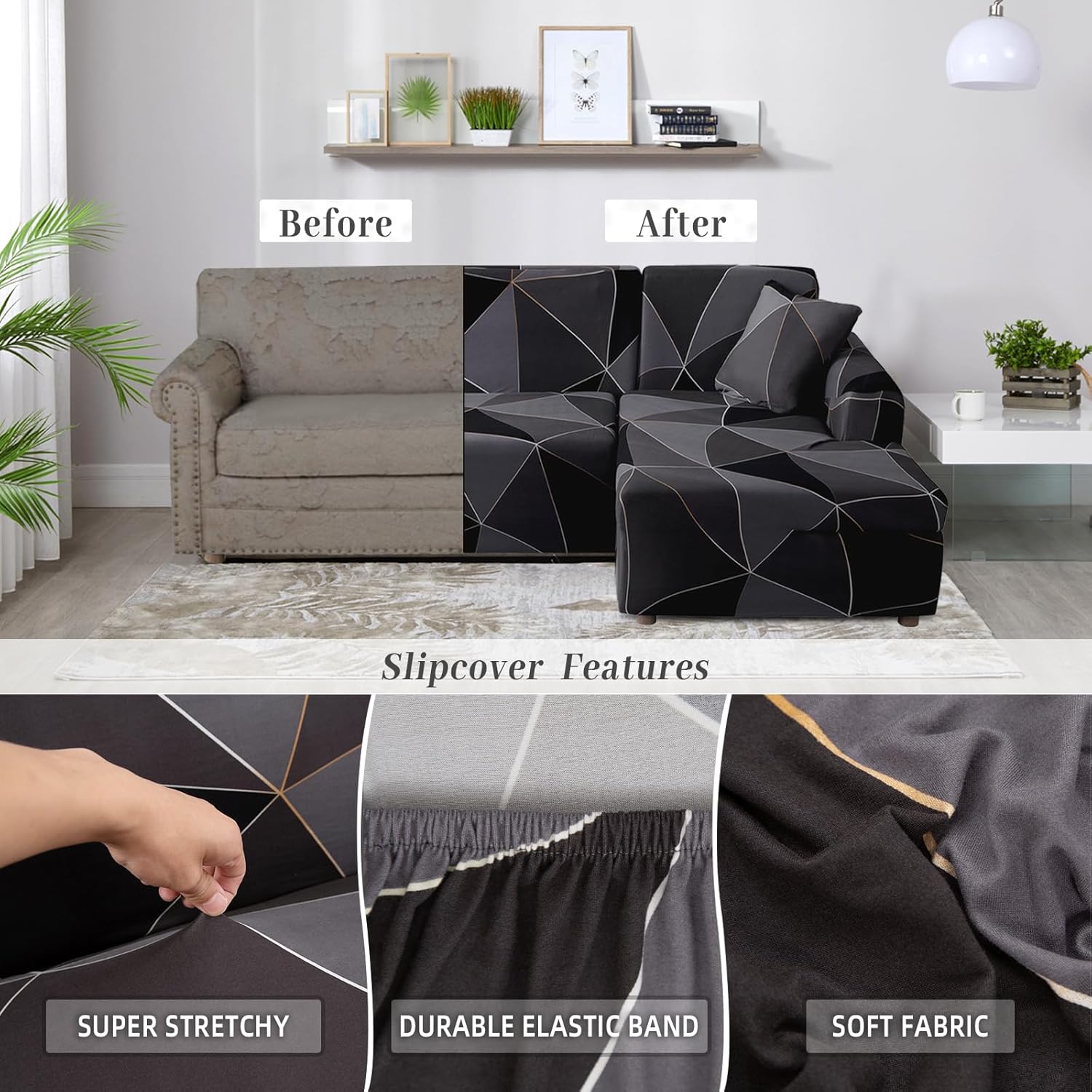 Fundas de almohada de 17.7 x 17.7 in, en forma de L, con 2 fundas de almohada, reversible, elástica, para sofá de 3 plazas+3 plazas, etiqueta negra