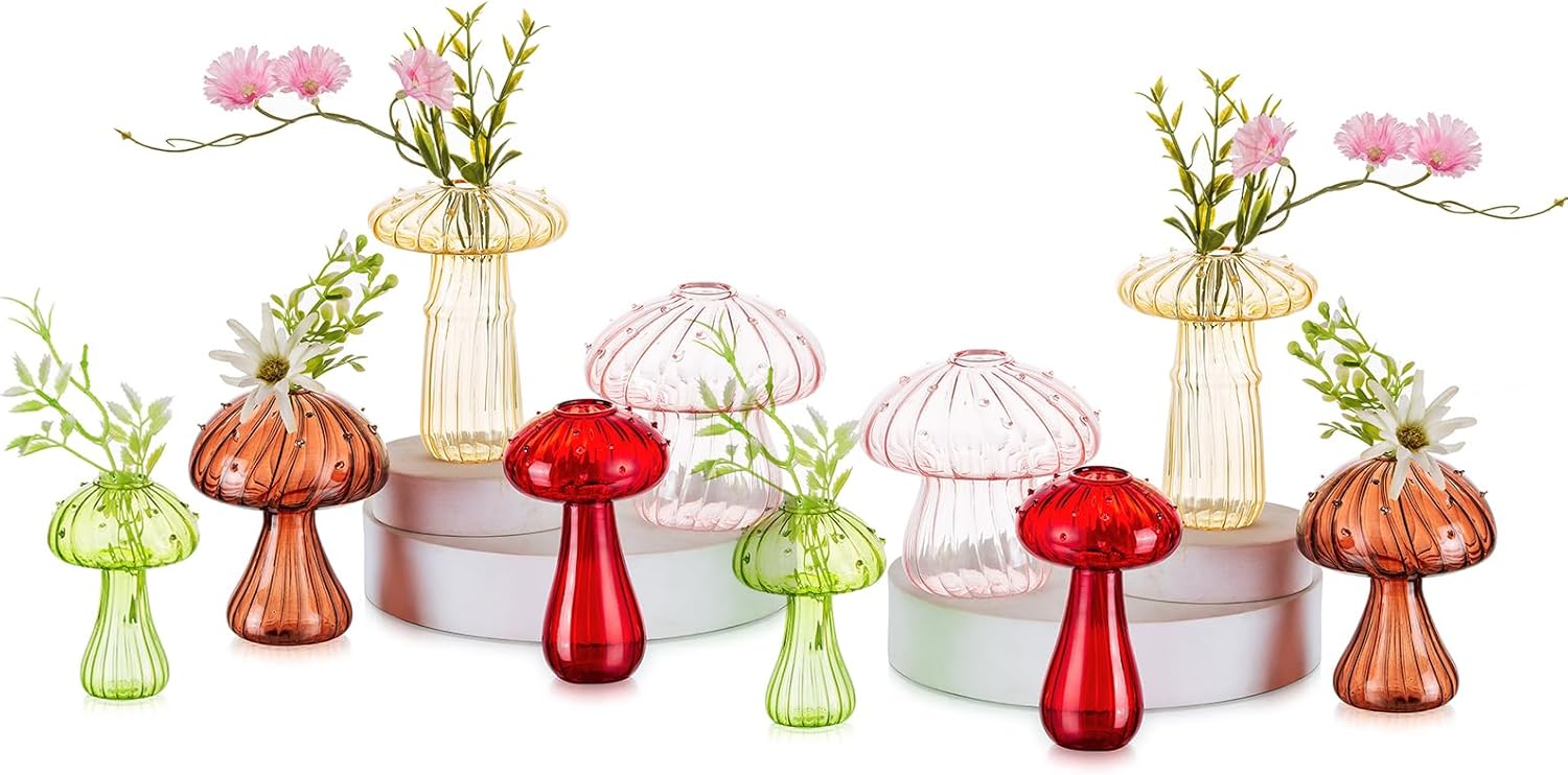 Hewory Jarrón de cristal con forma de hongo para flores, 10 jarrones de flores pequeños de colores únicos, floreros hidropónicos de propagación de