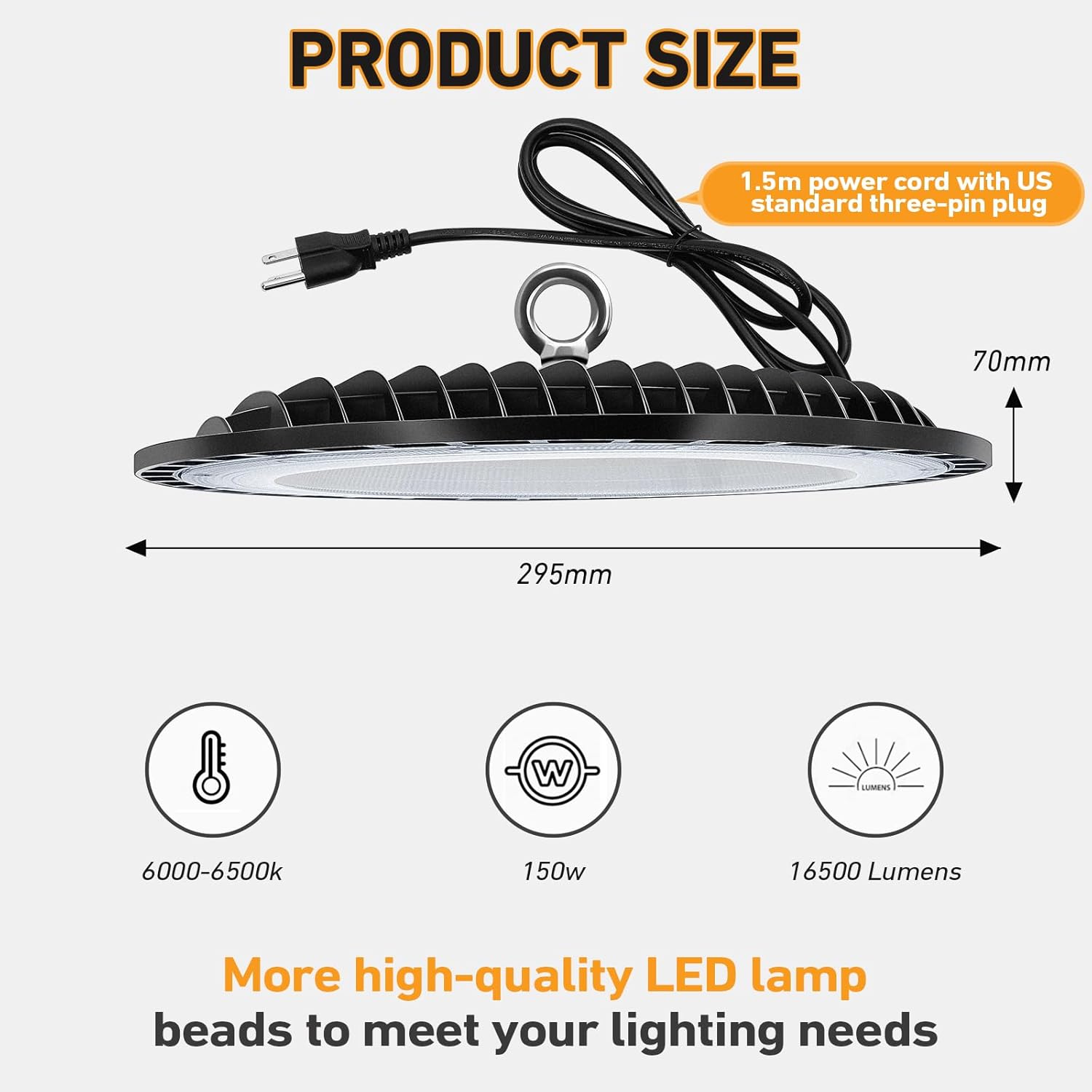 10 piezas de luz LED UFO de alta bahía de 150 W, iluminación comercial impermeable, luz diurna 6000-6500 K, 16500 lm con cable de alimentación,