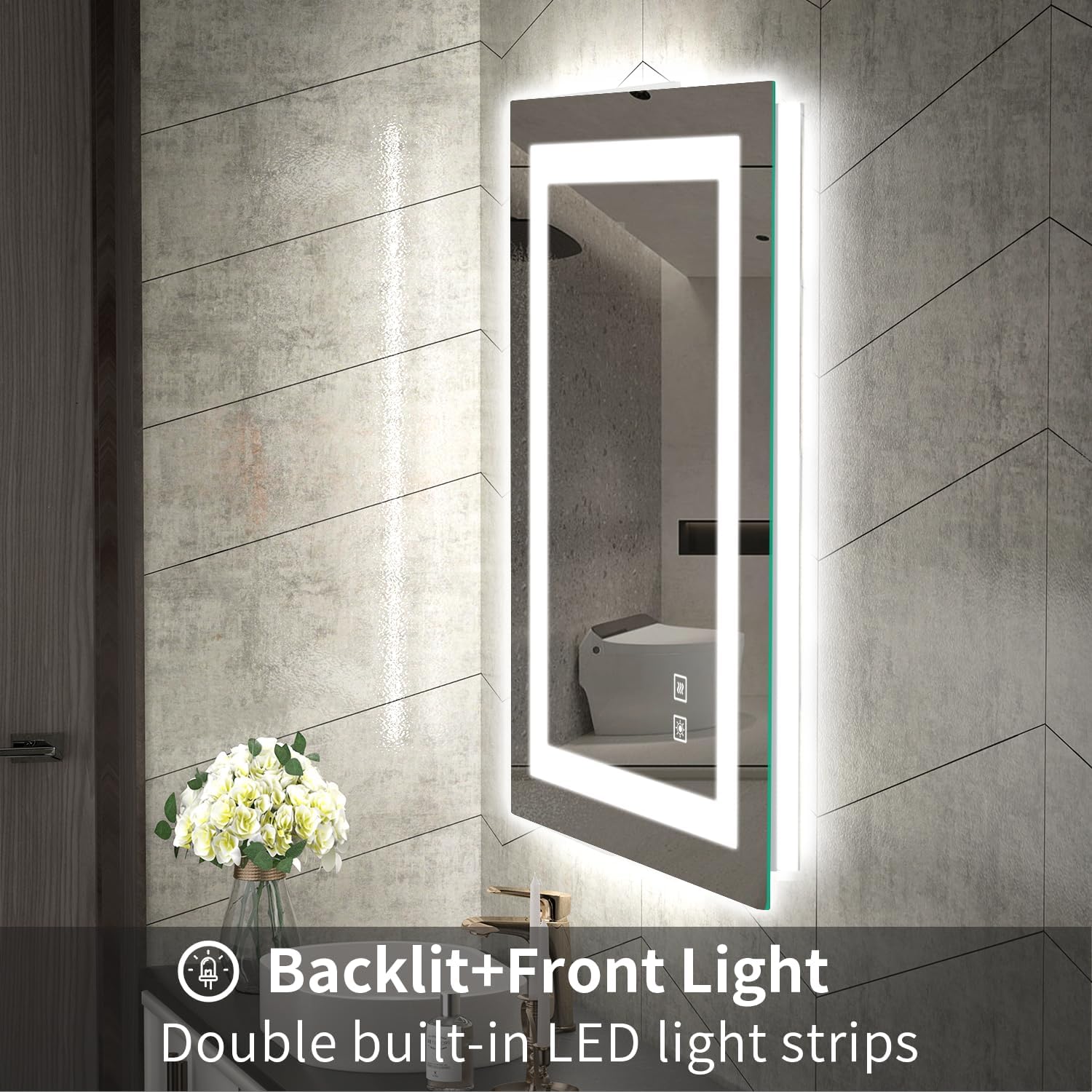 SHUAFA Espejo LED para baño, retroiluminado de 20 x 28 pulgadas + espejo de tocador de baño iluminado frontal con luces, tiras de luz dobles, 3