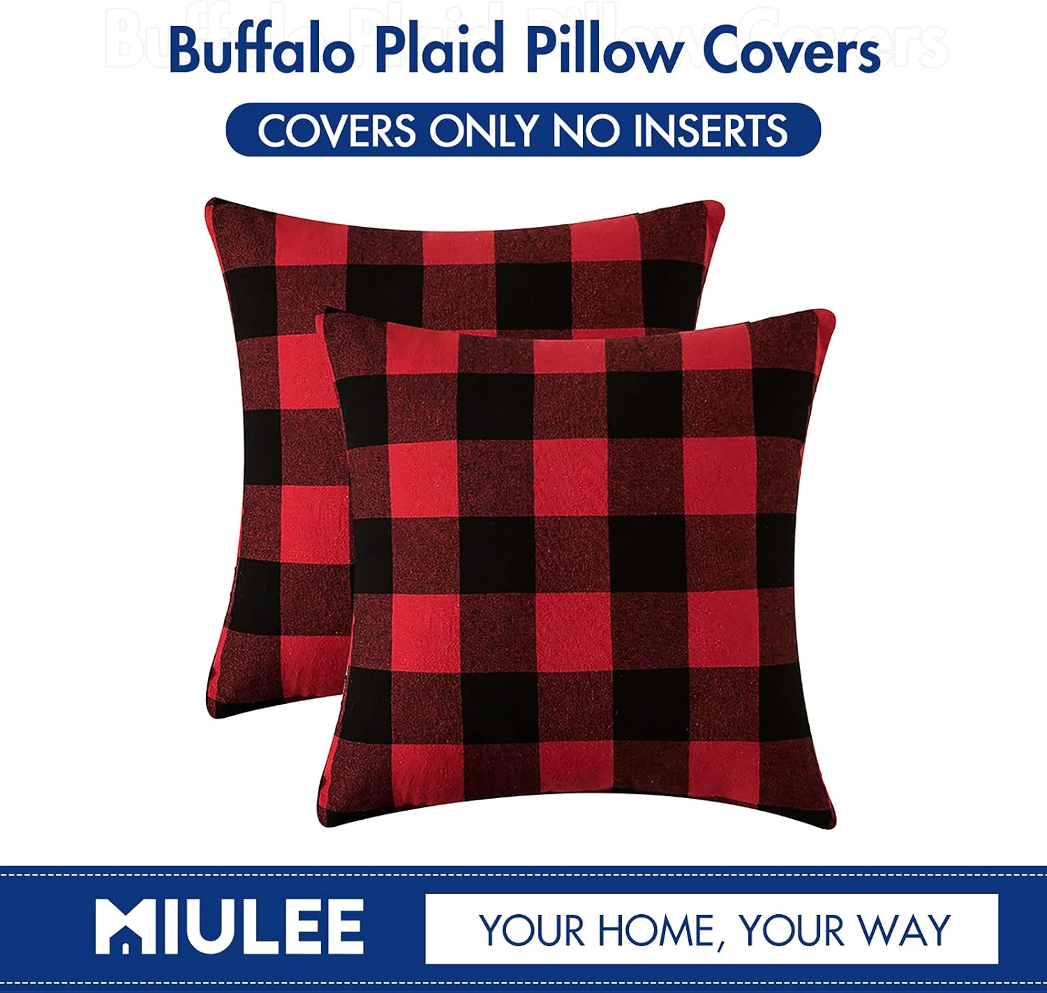 MIULEE – Paquete de 2 fundas de almohada decorativas clásicas de Navidad a cuadros retro de lino de poliéster suave sólido negro y rojo para