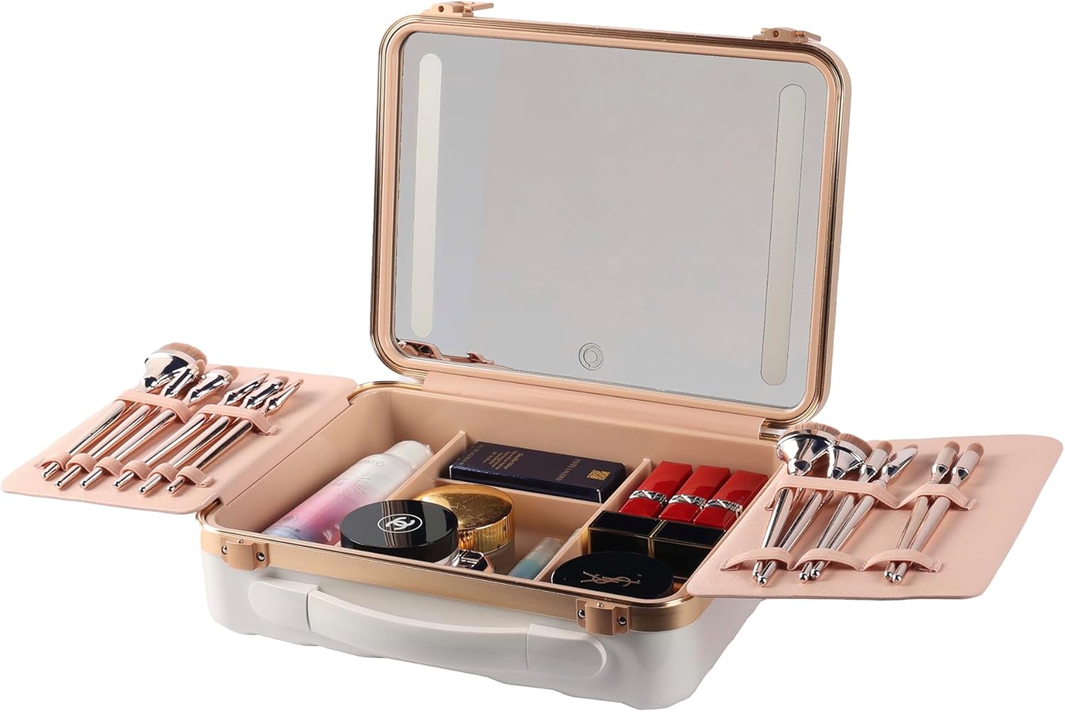 NJ GLAM Estuche de maquillaje con espejo iluminado recargable con almacenamiento inteligente, espejo de tres modos de luz, Blanco, Moderno y elegante