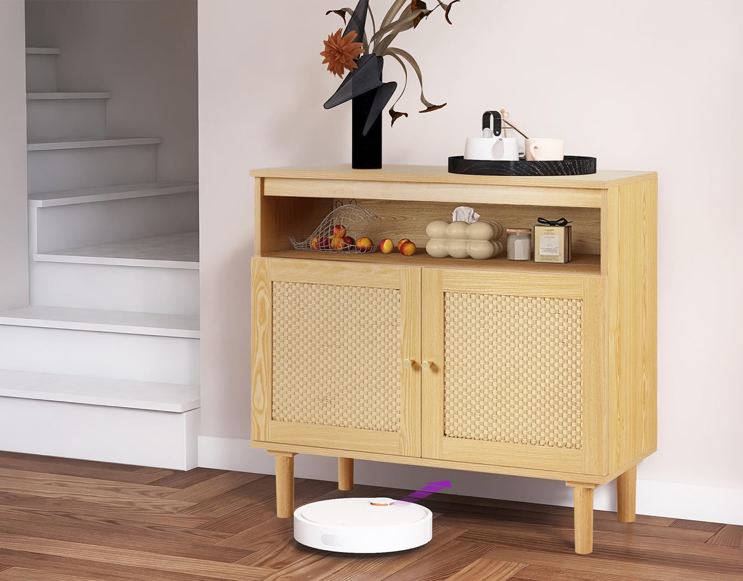 TYBOATLE Armario de buffet moderno con almacenamiento, aparador bohemio con 2 puertas de ratán tejido kraft y estantes ajustables, mesa de consola