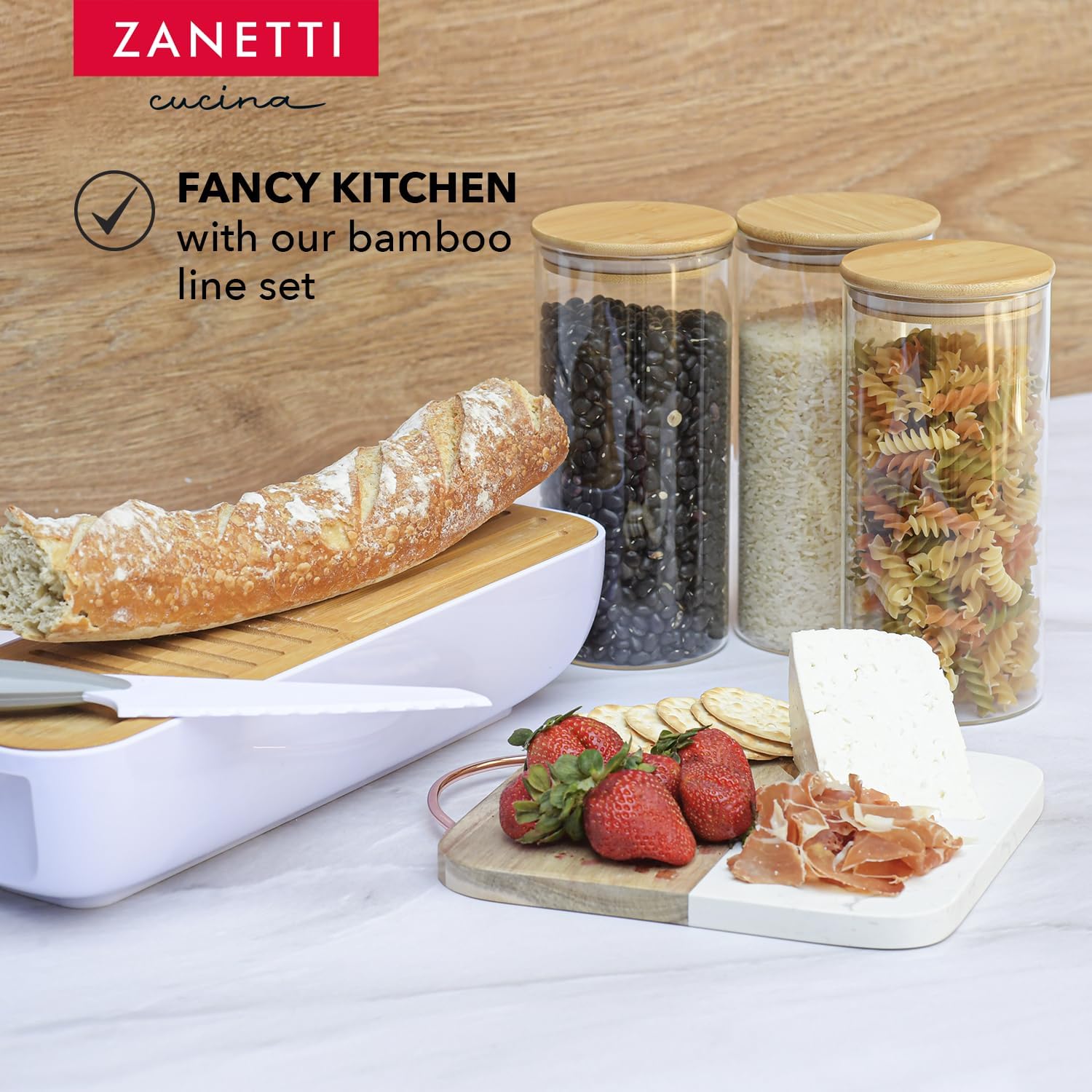 Zanetti – Recipientes herméticos de vidrio con tapas de madera de bambú para almacenamiento de alimentos con 75 etiquetas preimpresas para despensa
