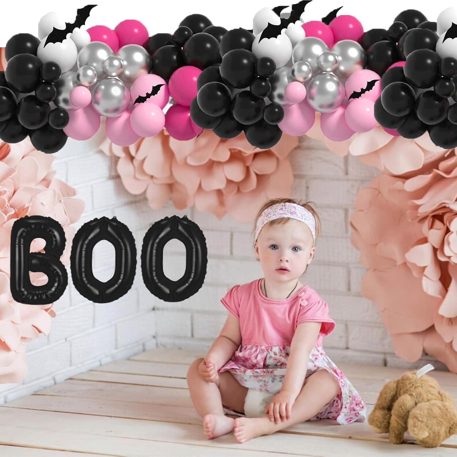 Decoración de fiesta de Halloween rosa, kit de arco de globos de Halloween con globos negros, rosa, blanco y plateado, guirnalda de globos de