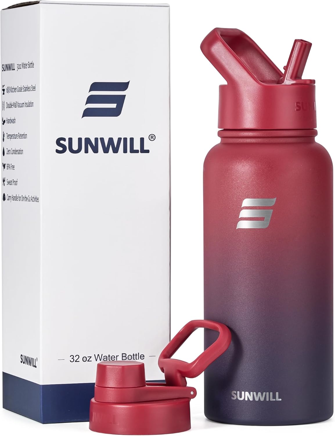SUNWILL Botella de agua aislada con popote de 32 onzas, botella de agua deportiva de metal, botella de agua deportiva de doble pared reutilizable,