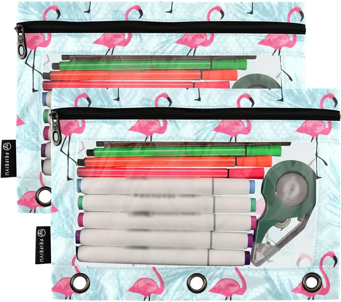 Estuche para lápices de flamenco rosa para carpeta de 3 anillas, 2 bolsas para lápices con bolsillo con cremallera, bolsa para lápices con ventana